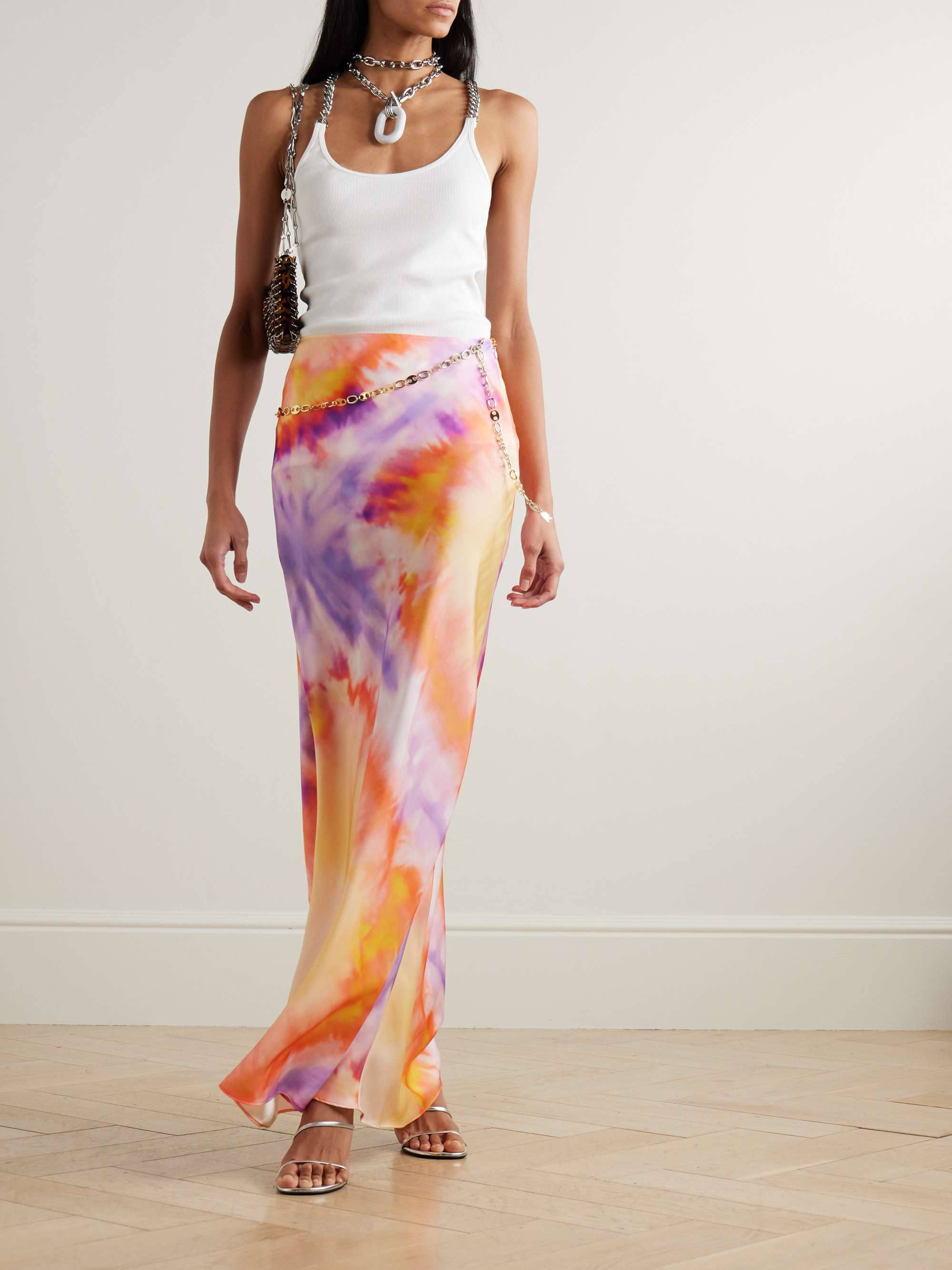 Chainmail-embellished tie-dyed satin maxi skirt view