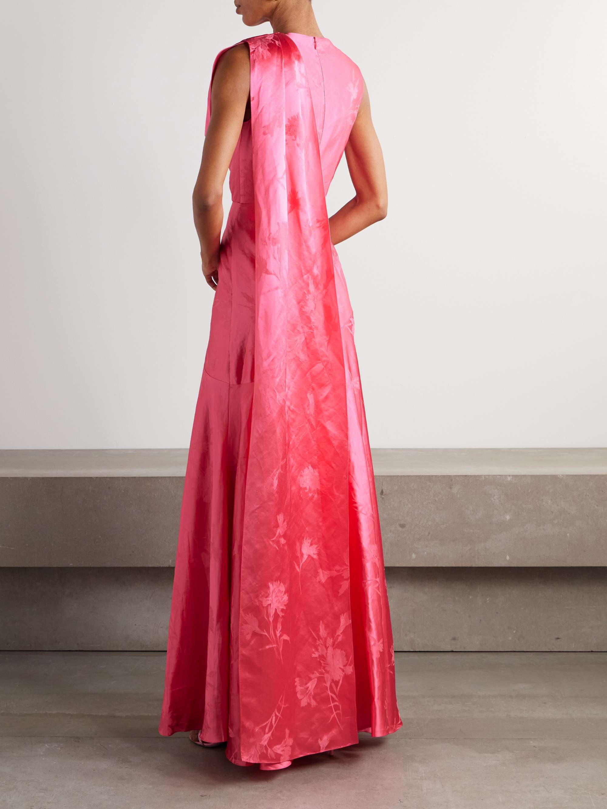 Asymmetric bow-detailed draped linen-blend jacquard gown view