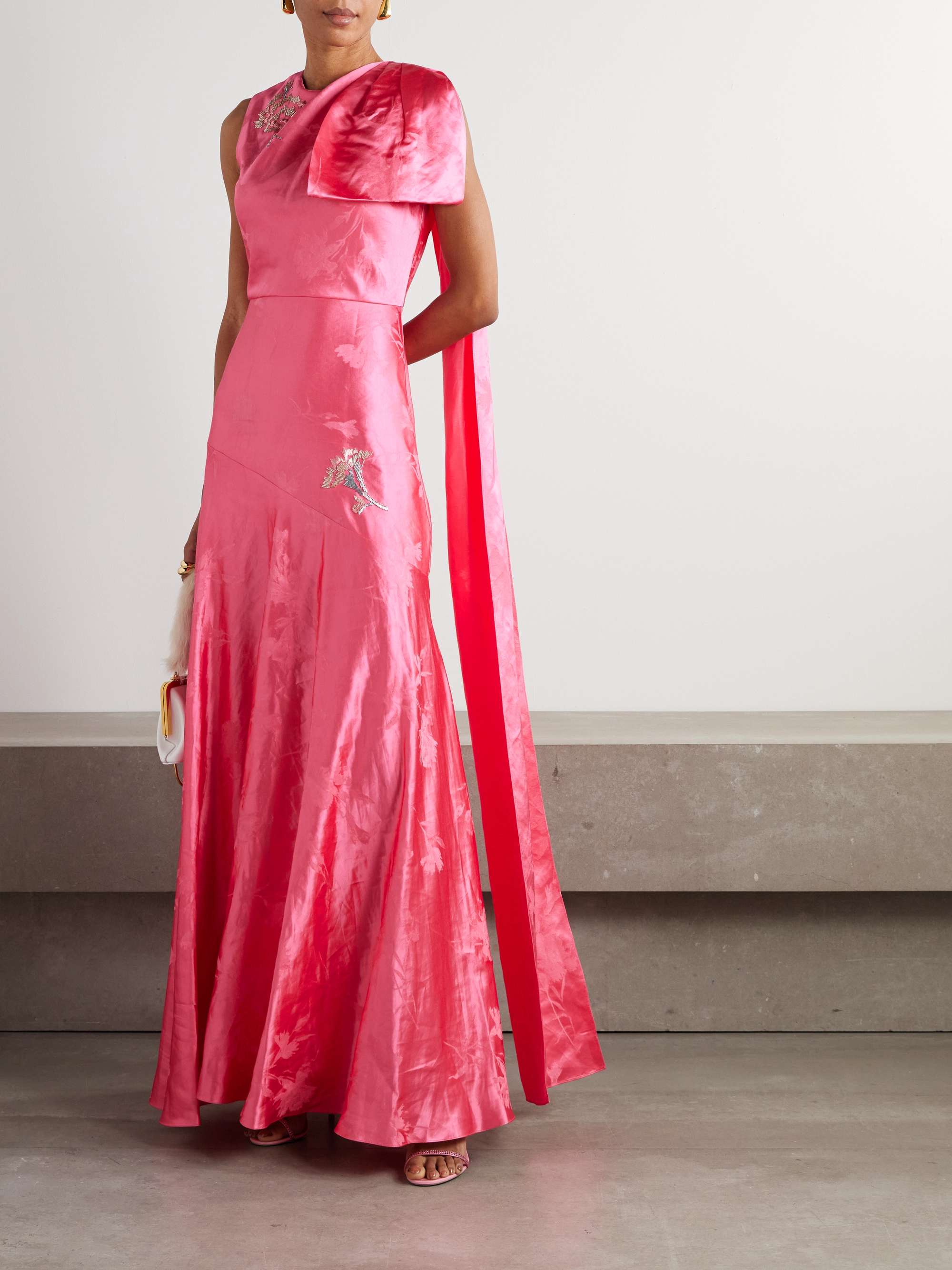 Asymmetric bow-detailed draped linen-blend jacquard gown view