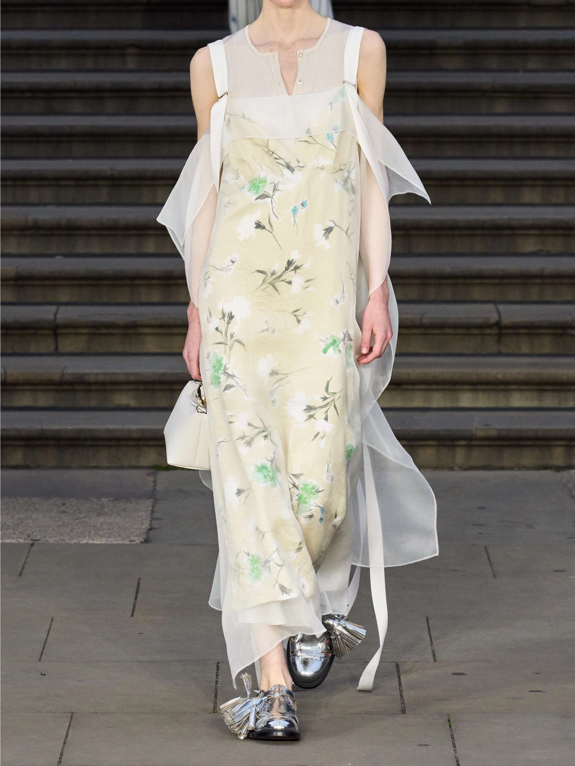 Organza-trimmed floral-print satin-twill midi dress view