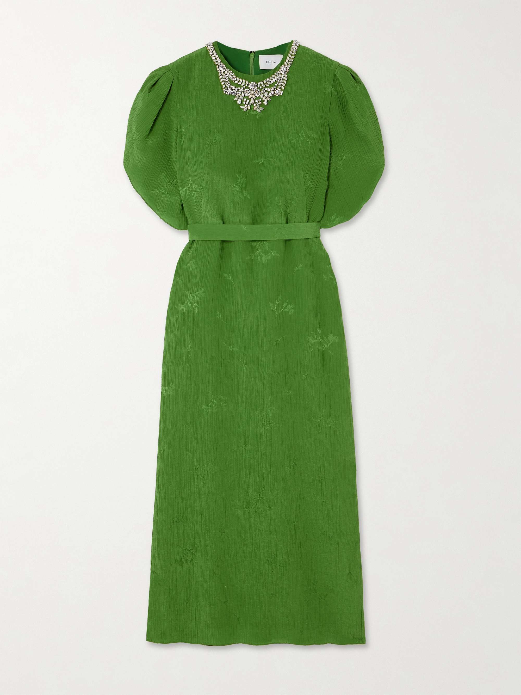Belted embellished crinkled silk and cotton-blend jacquard midi dress view
