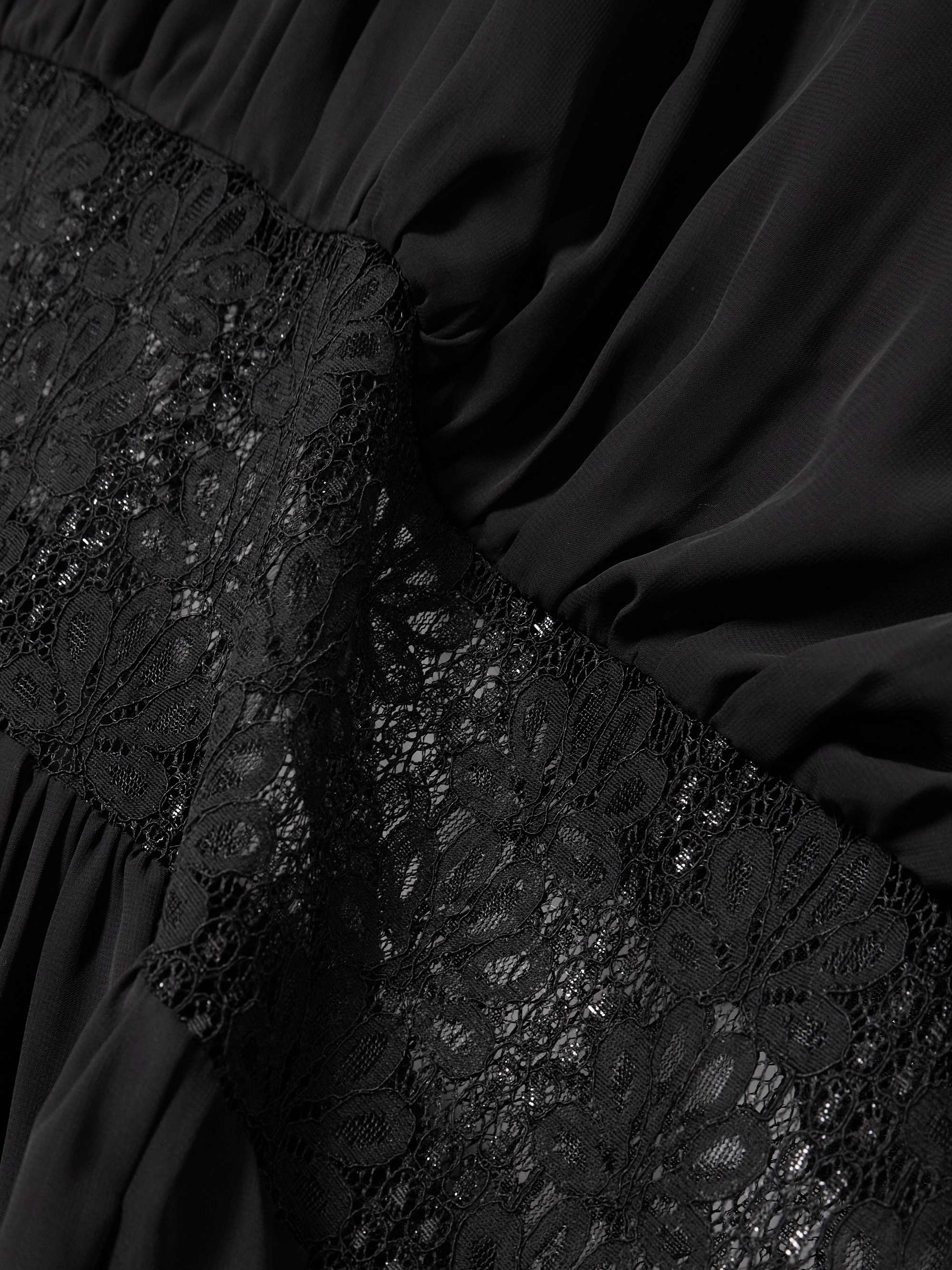 One-shoulder draped georgette and lace gown view