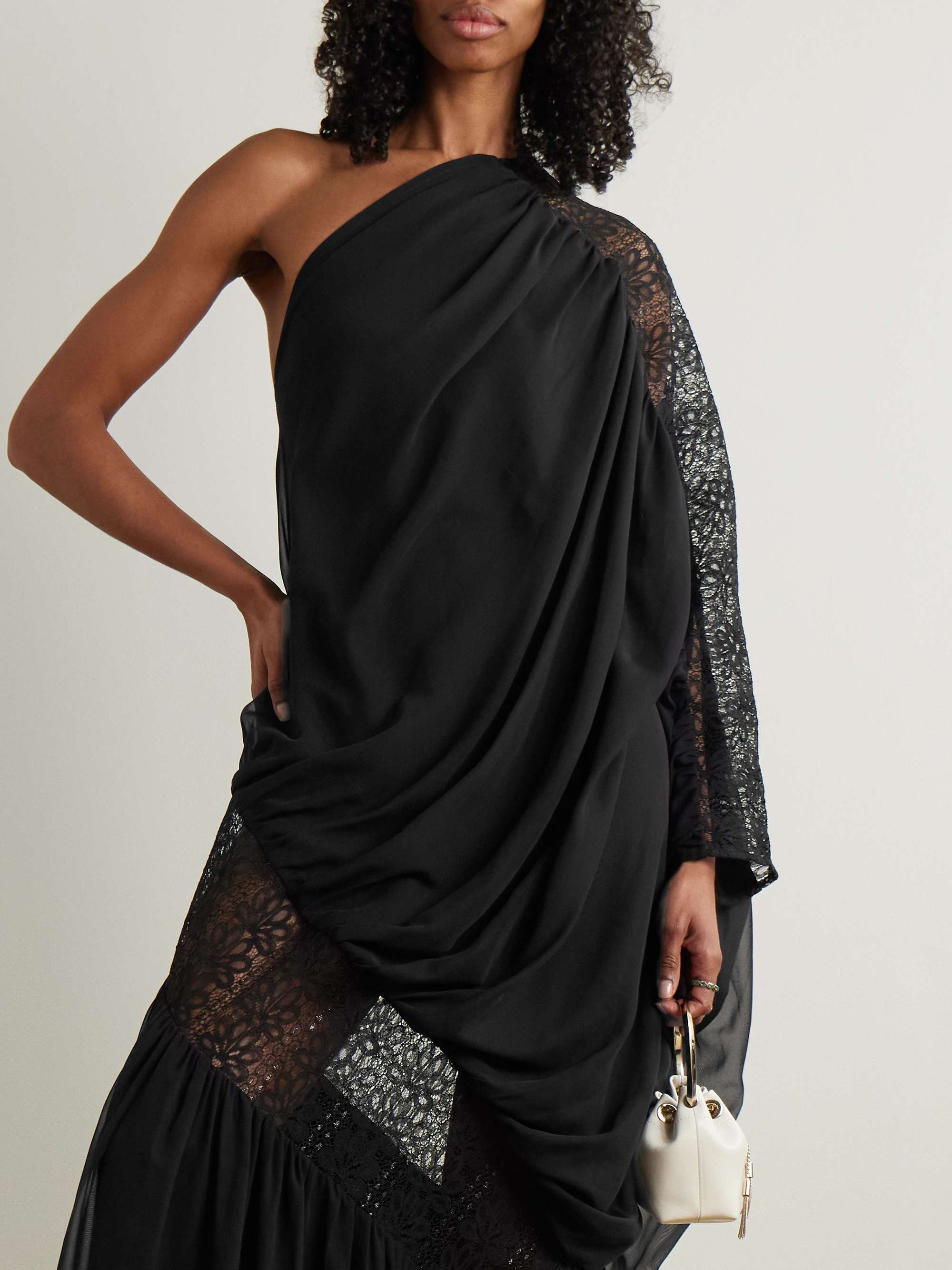One-shoulder draped georgette and lace gown view