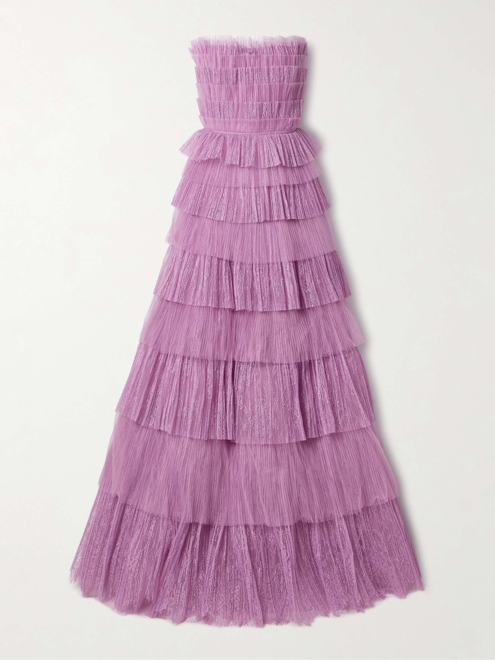 Trissa strapless tiered plissé-tulle and Chantilly lace gown view