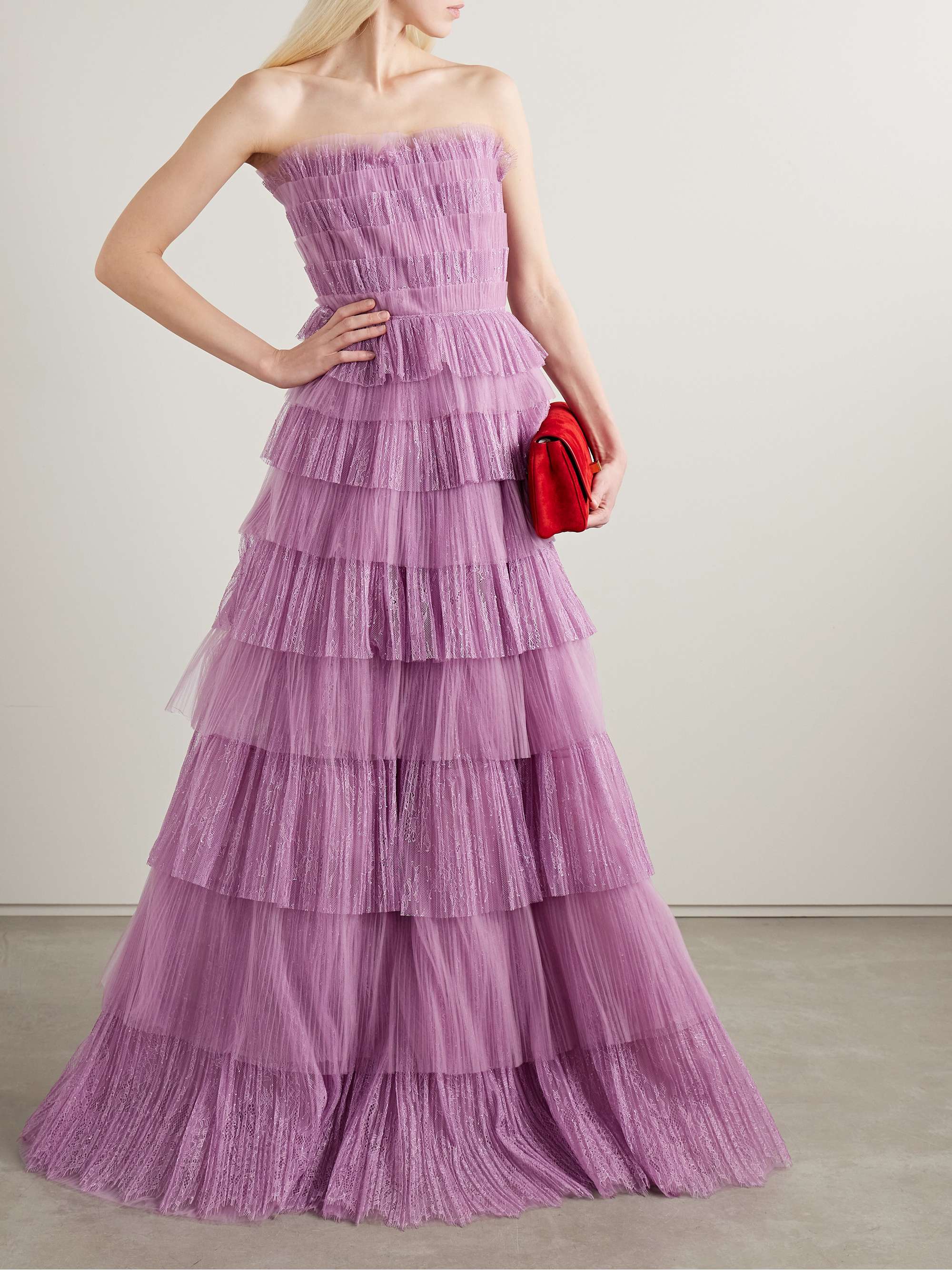 Trissa strapless tiered plissé-tulle and Chantilly lace gown view