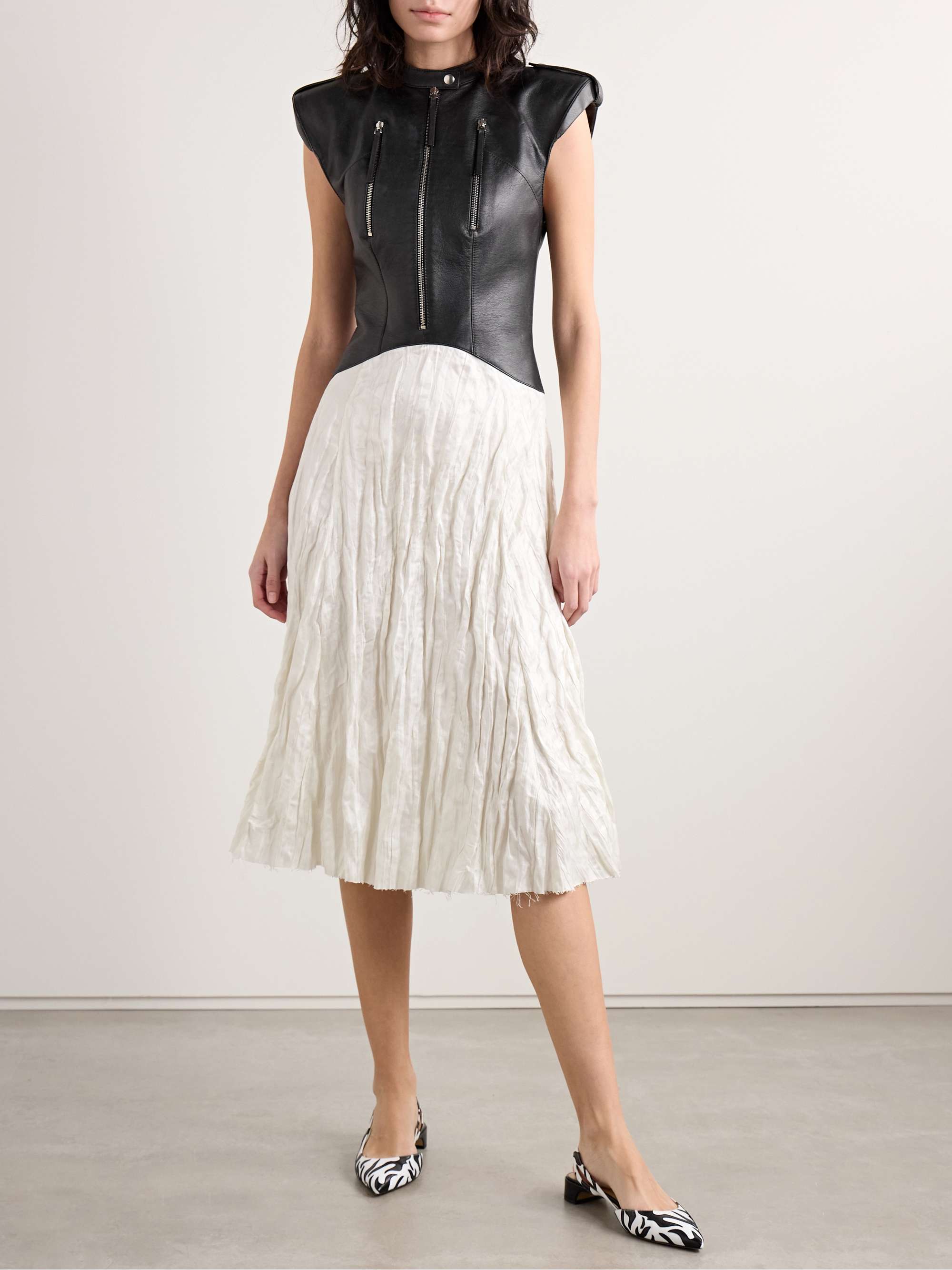 Athena paneled leather and crinkled silk-blend twill midi dress view
