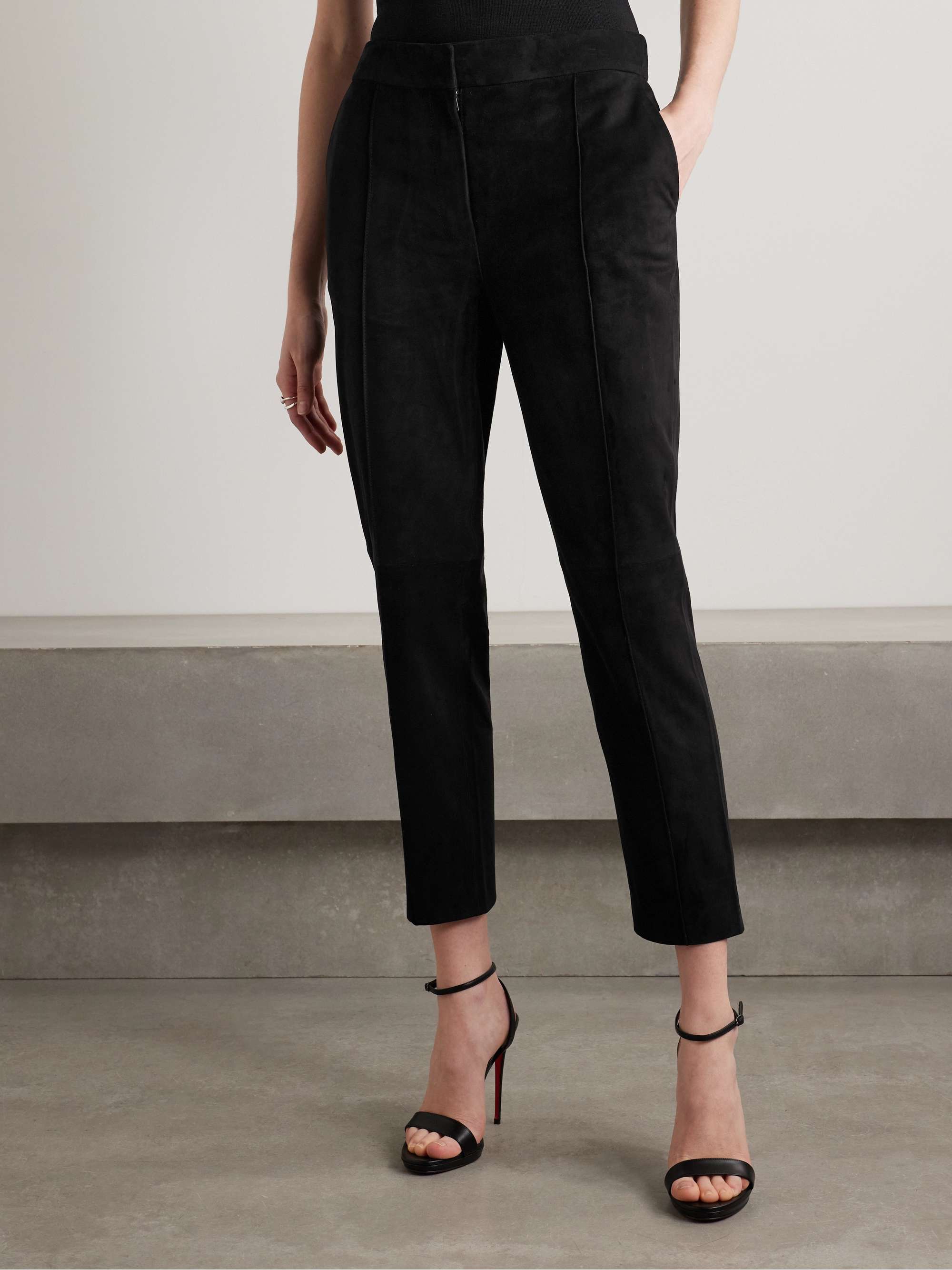 Cropped slim-leg suede pants view