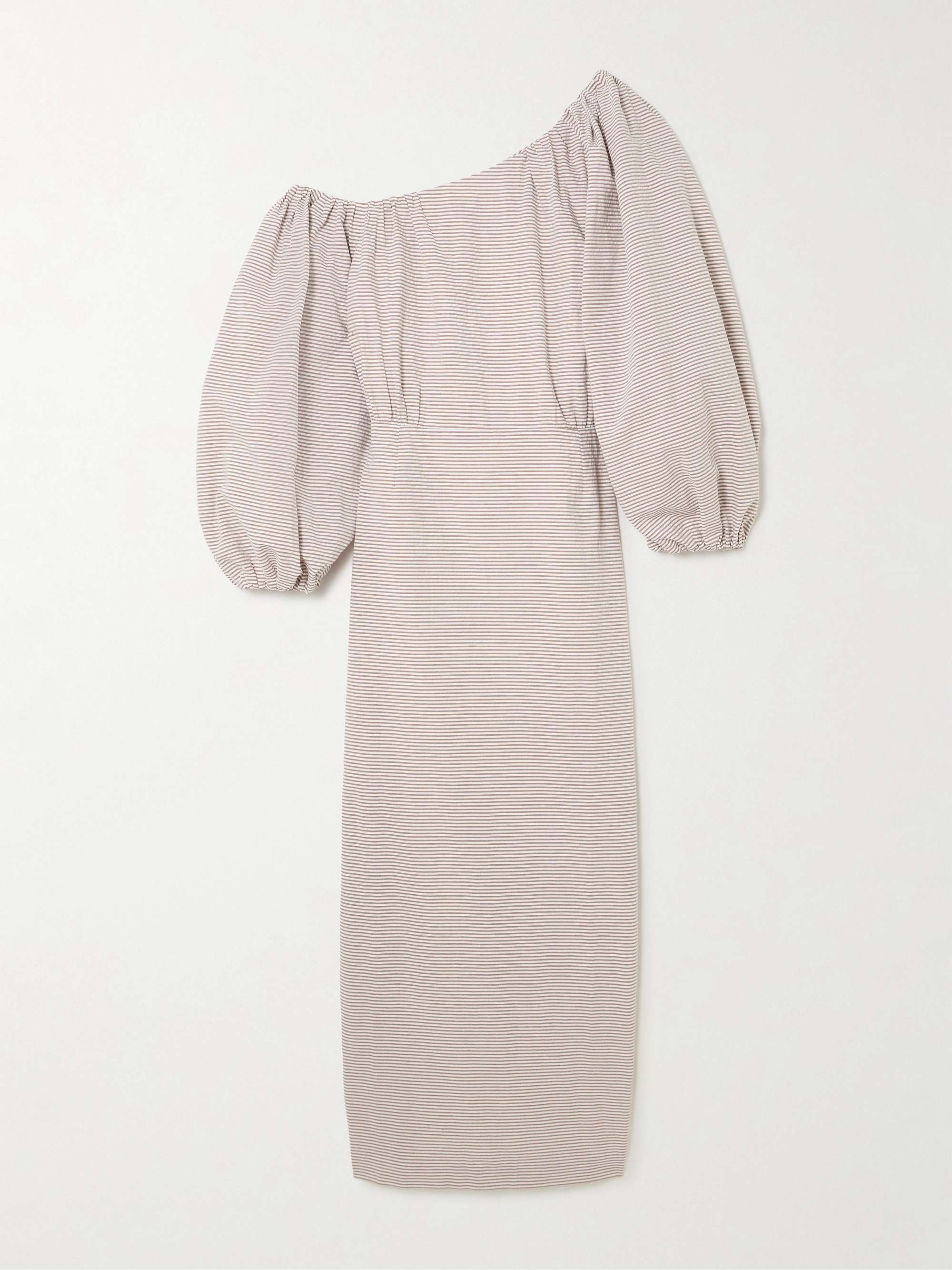 Cara off-the-shoulder gathered striped cotton-seersucker midi dress view