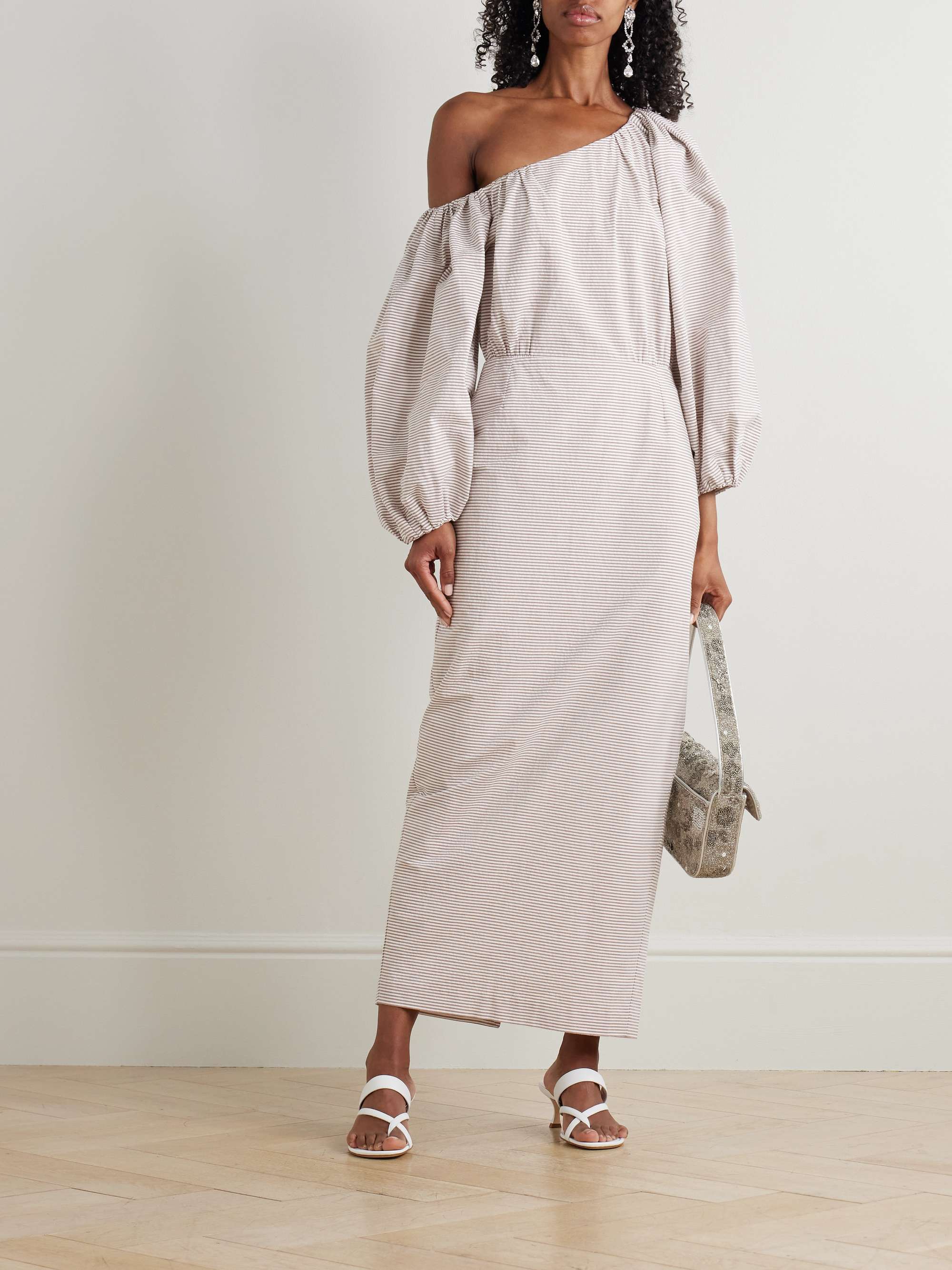 Cara off-the-shoulder gathered striped cotton-seersucker midi dress view
