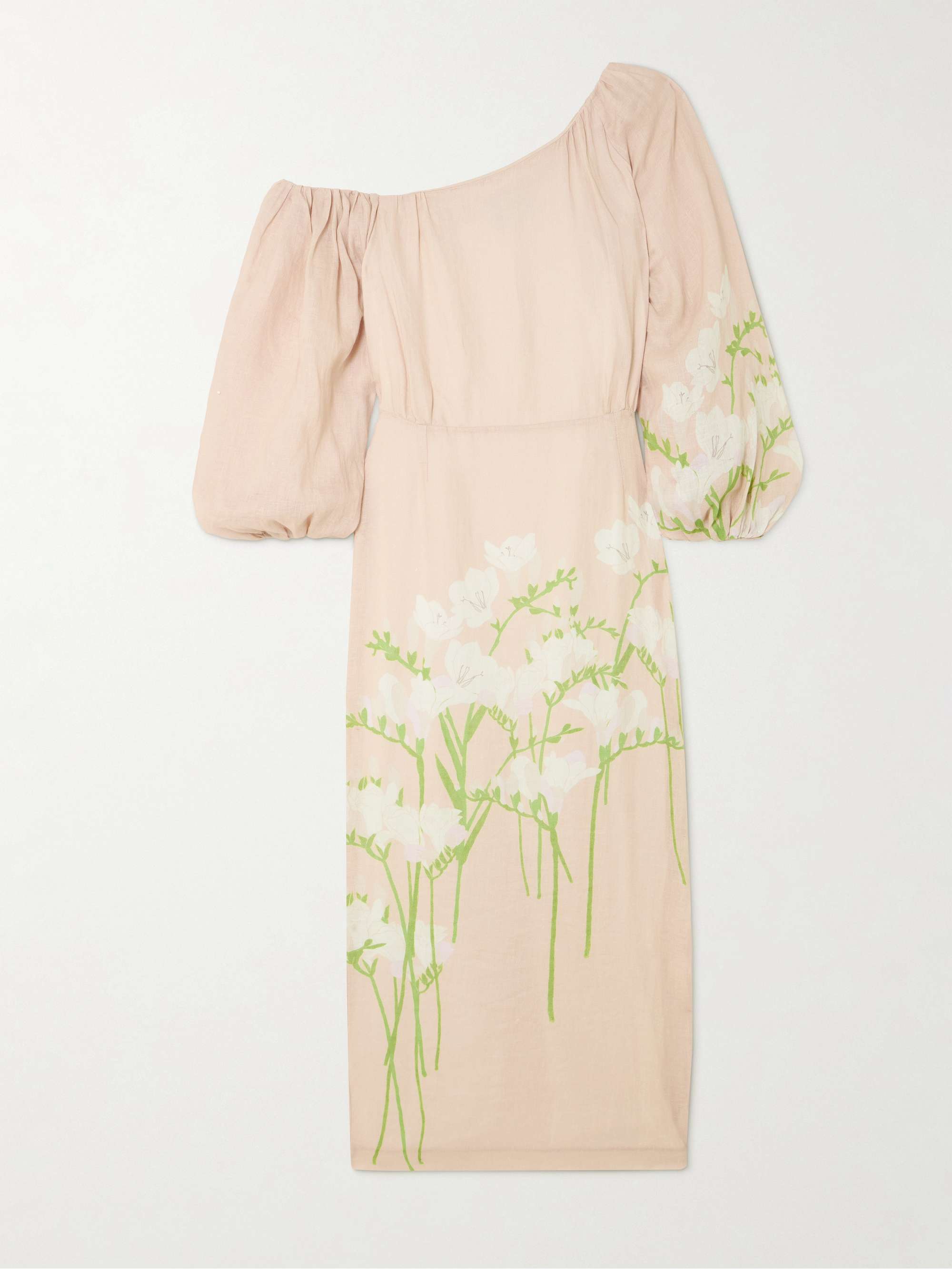 Cara off-the-shoulder gathered floral-print linen midi dress view