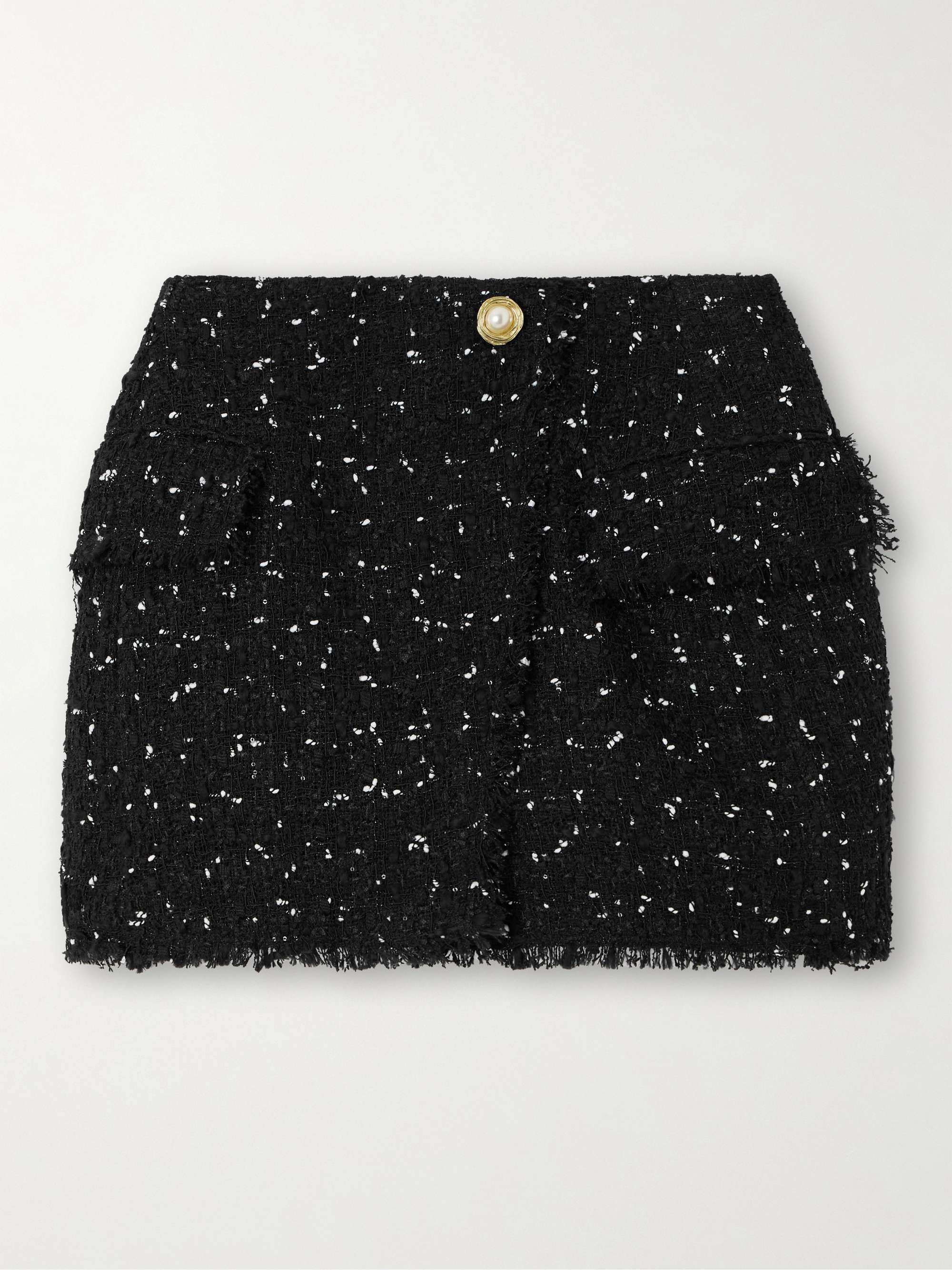 Wrap-effect sequin-embellished frayed tweed mini skirt view
