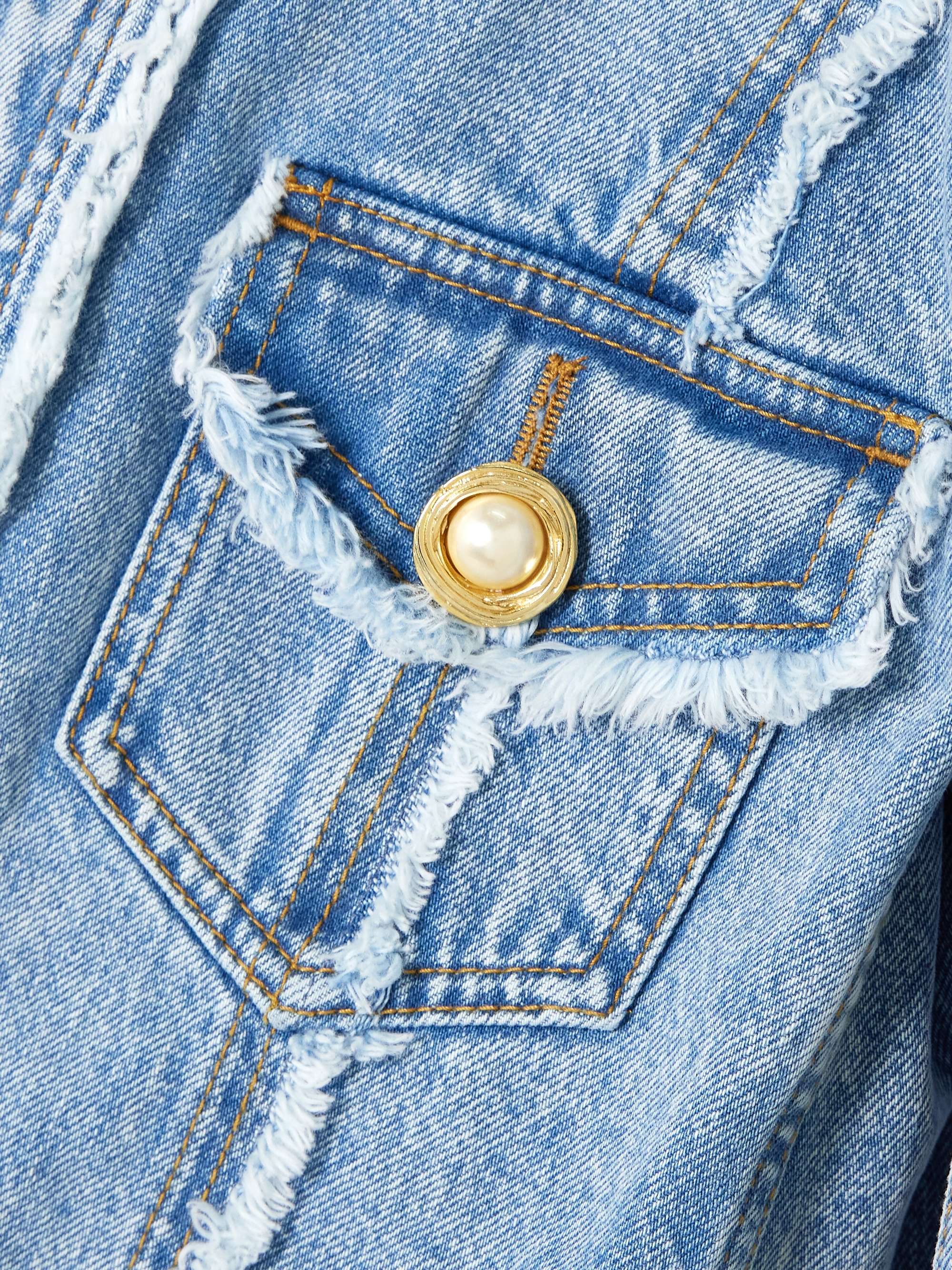 Faux pearl-embellished frayed denim jacket view