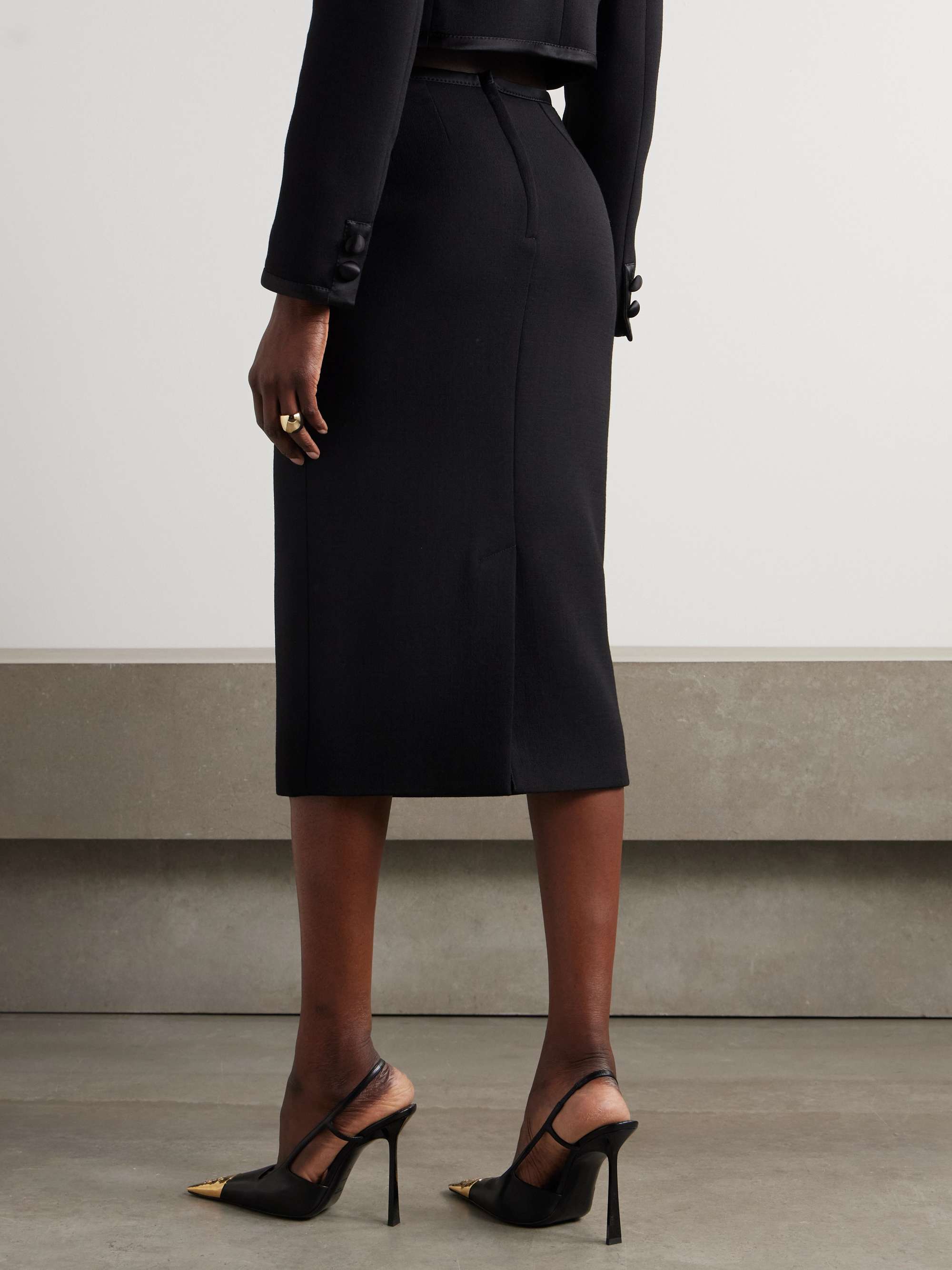 Silk satin-trimmed wool-blend midi skirt view