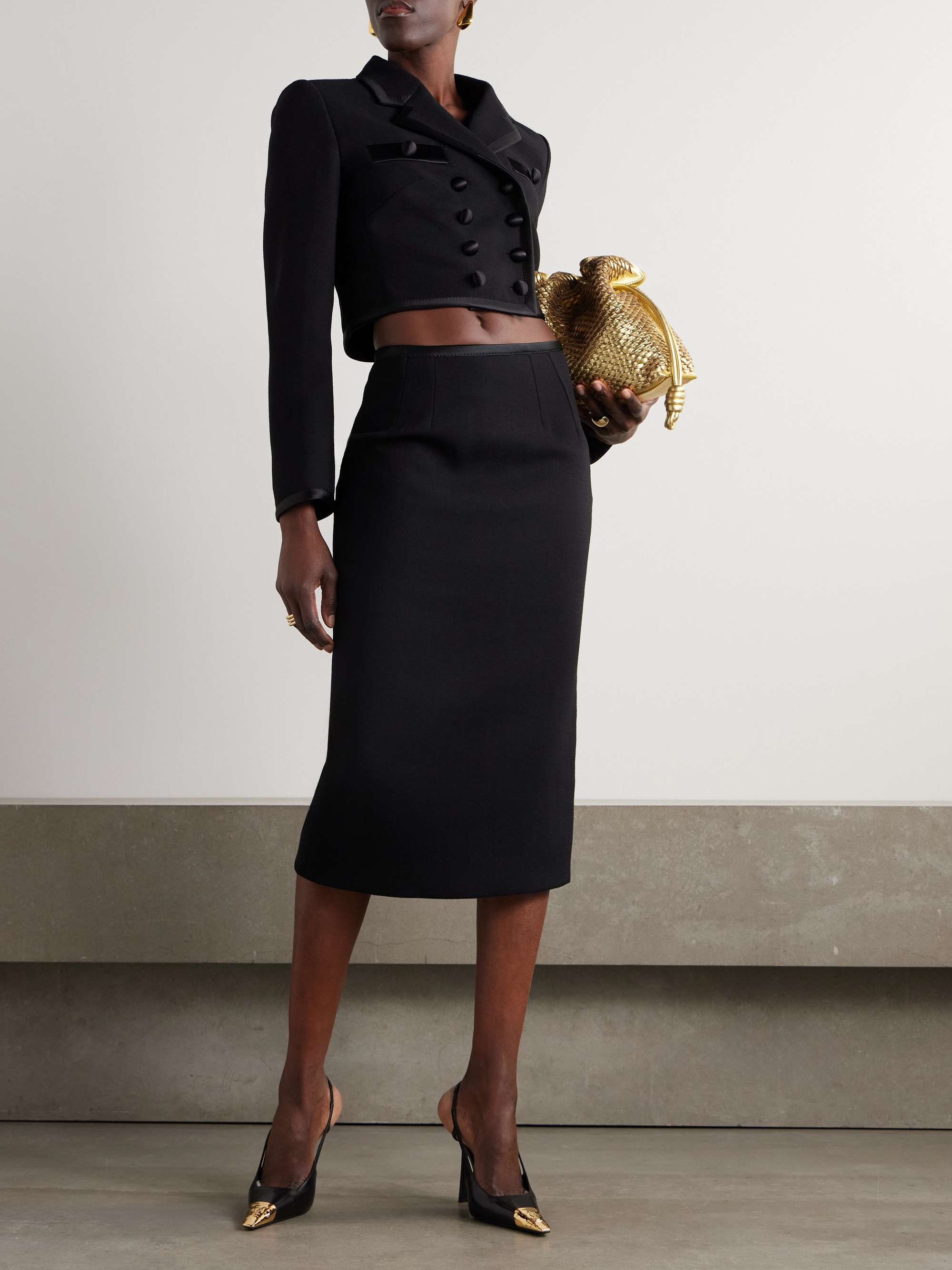 Silk satin-trimmed wool-blend midi skirt view