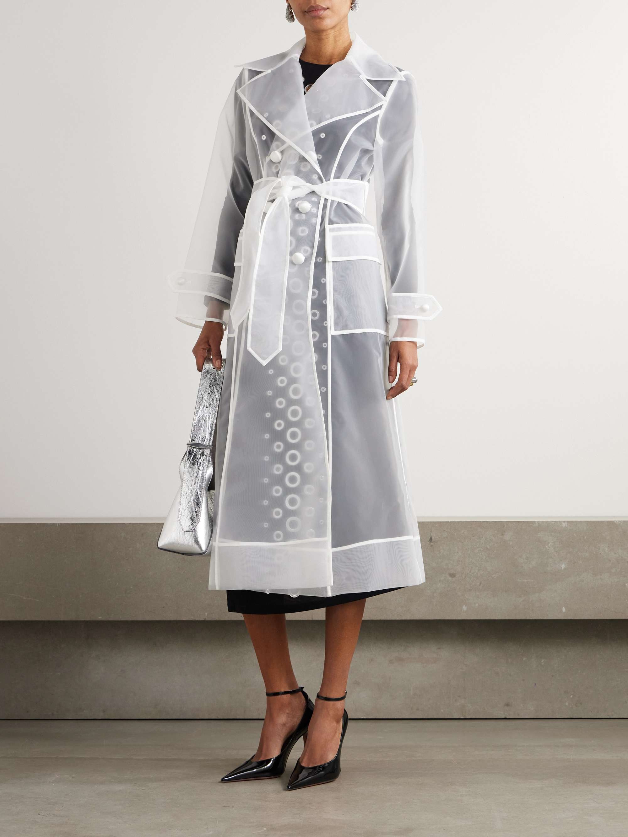 Double-breasted belted organza trench coat view