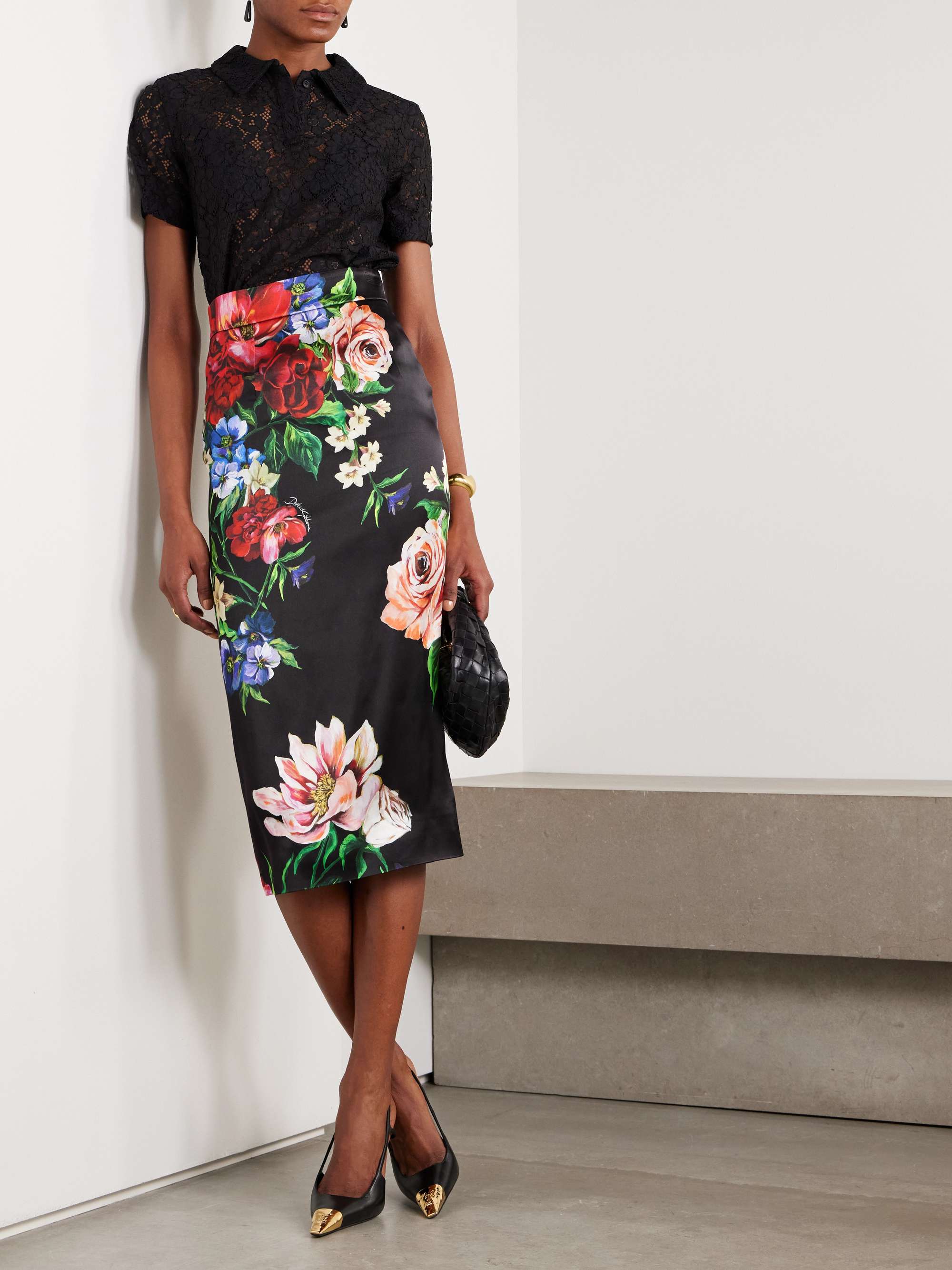 Floral-print satin midi skirt view