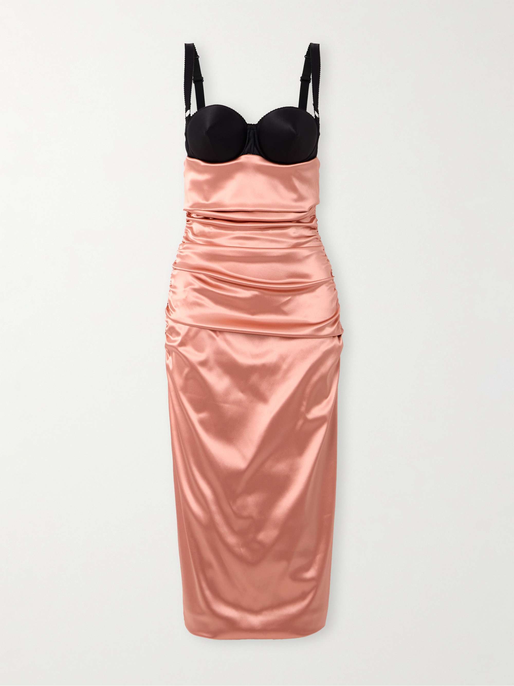 Two-tone ruched satin midi dress view