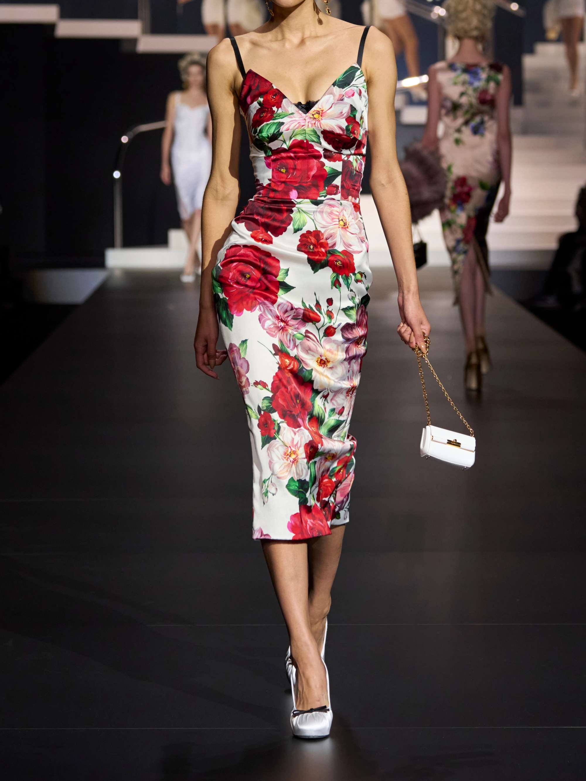 Strapless floral-print satin bustier midi dress view