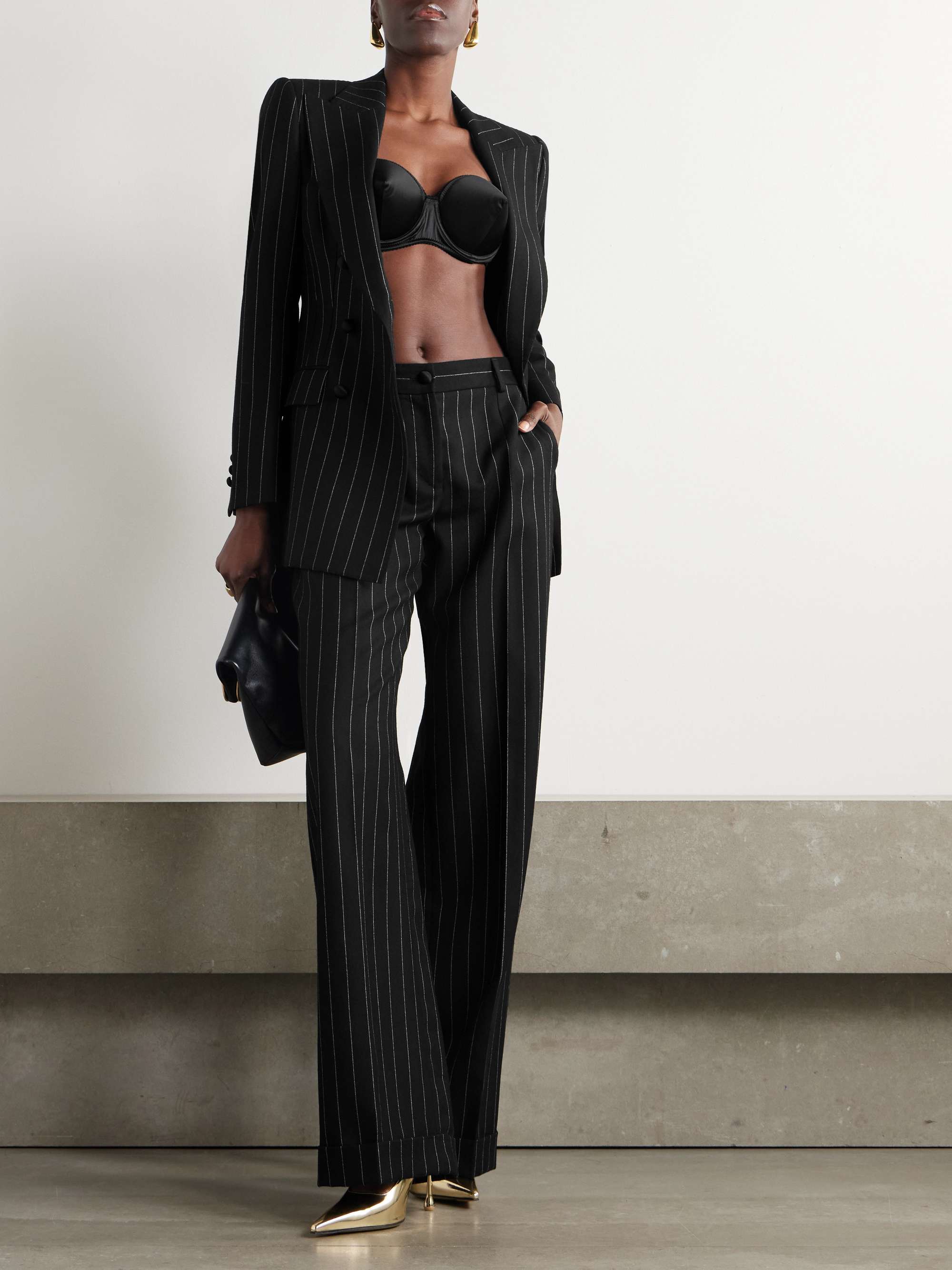 Double-breasted pinstriped wool-blend blazer view