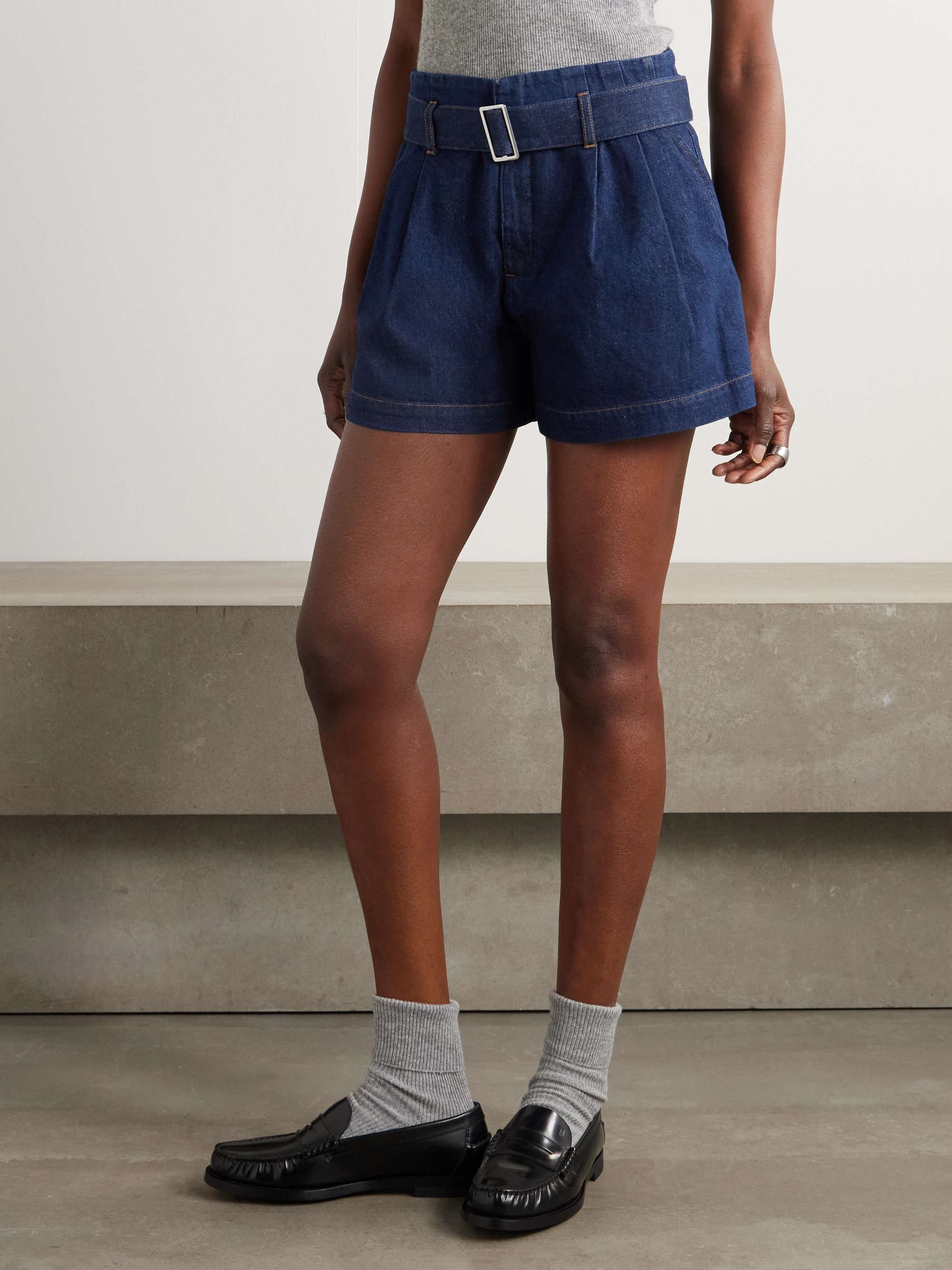 The Paper Bag belted pleated denim shorts view