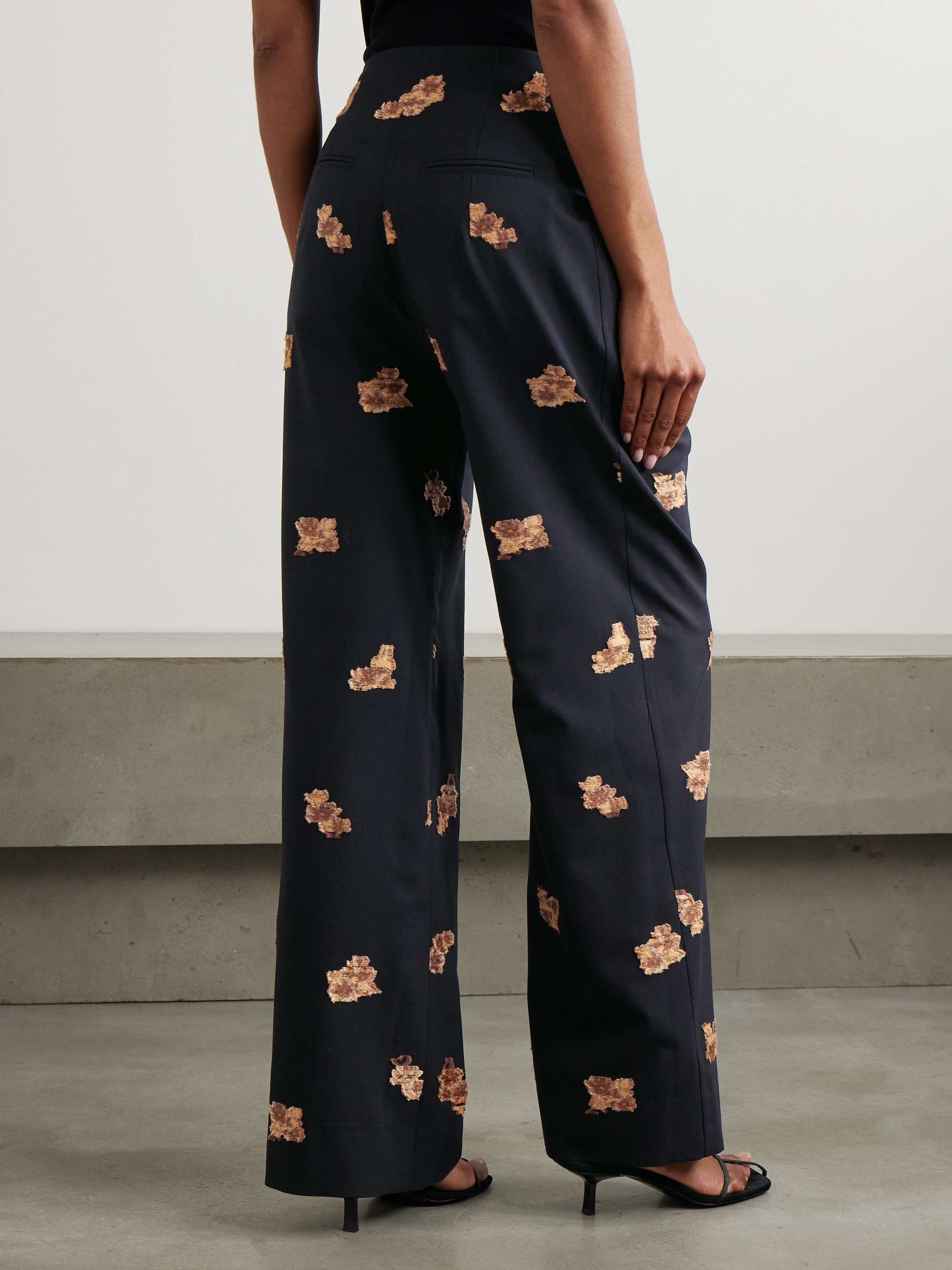 Annie pleated floral-jacquard metallic wool-blend wide-leg pants view