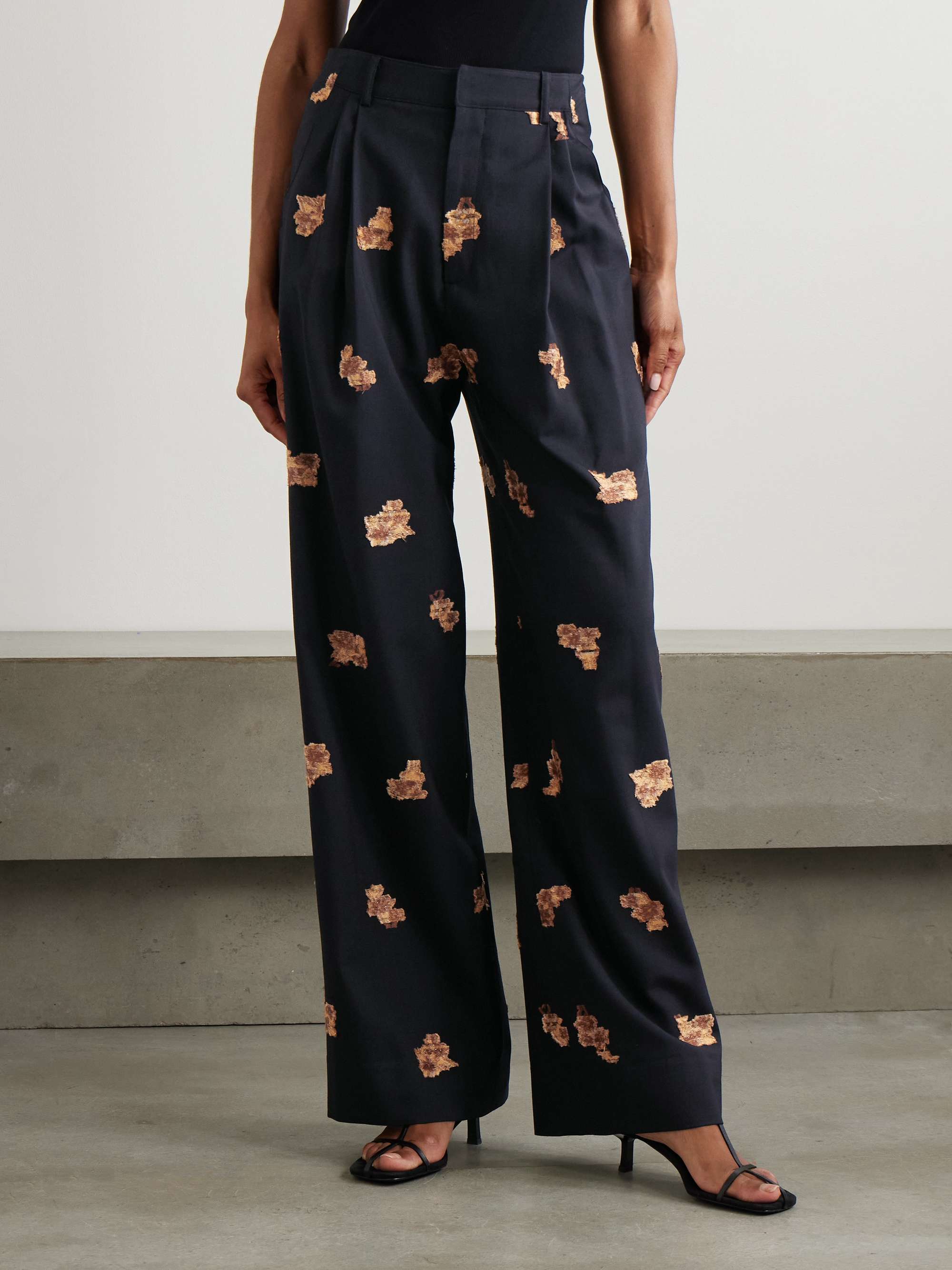 Annie pleated floral-jacquard metallic wool-blend wide-leg pants view