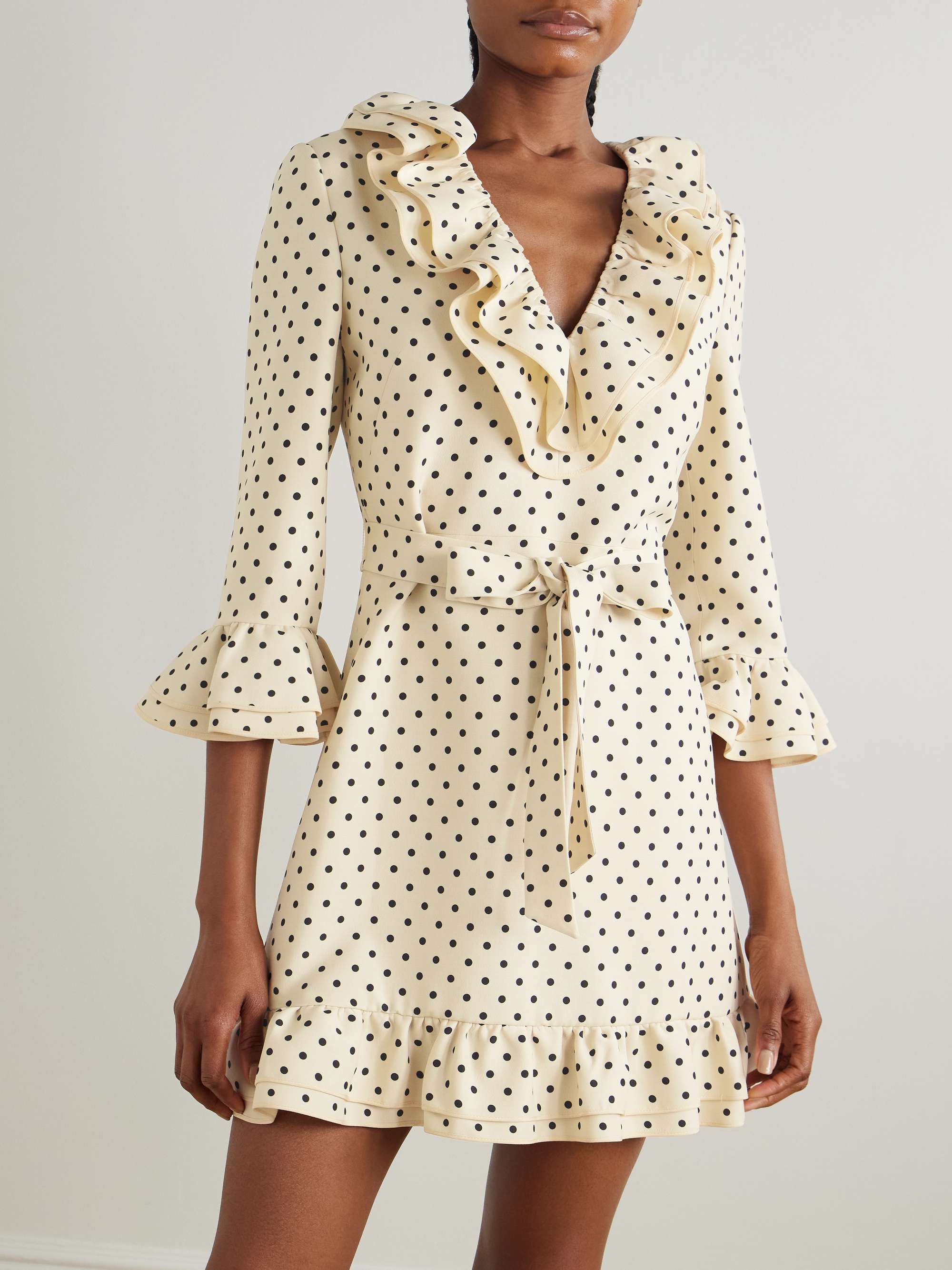 Belted ruffled polka-dot wool and silk-blend mini dress view