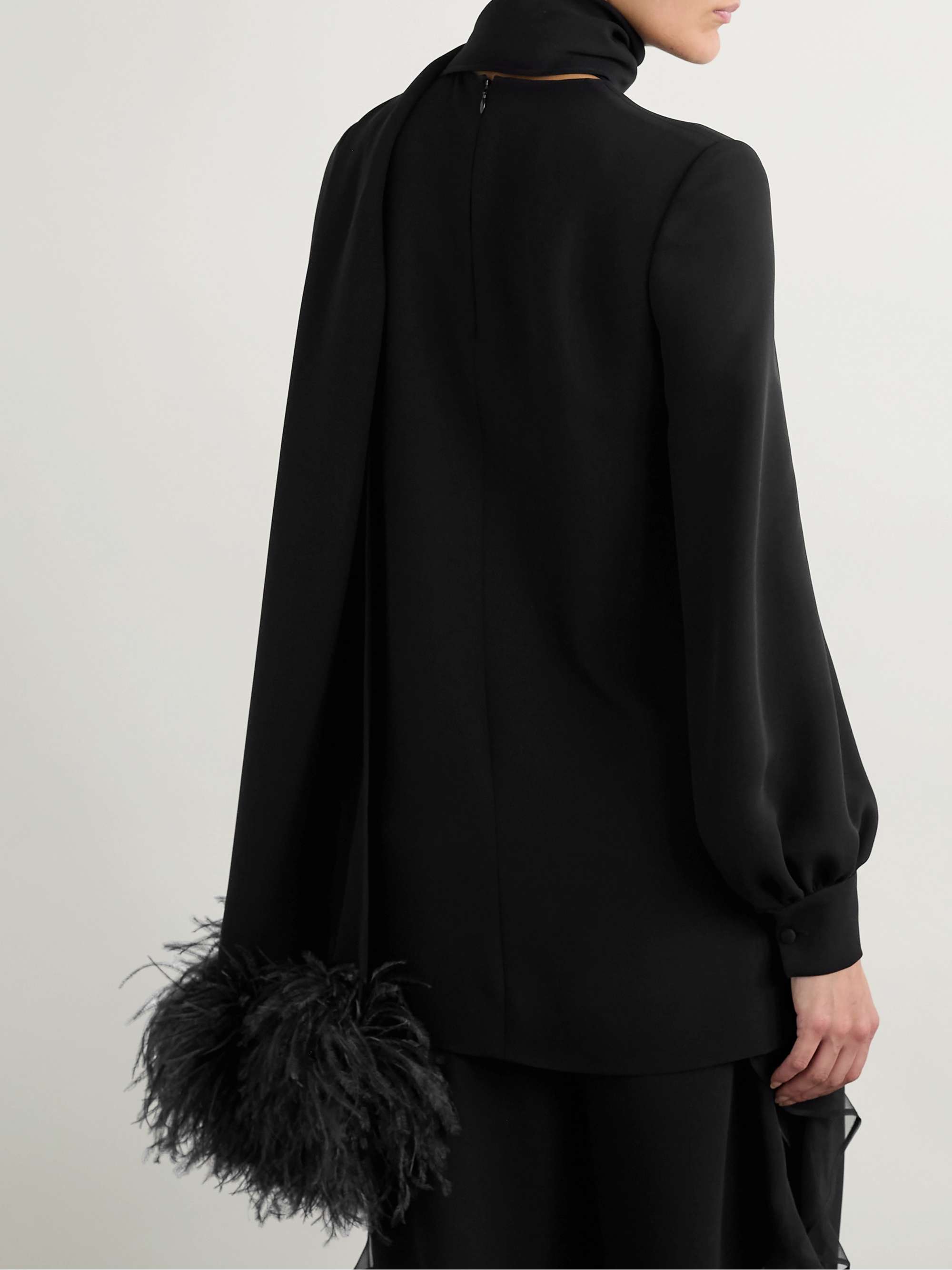 Feather-trimmed scarf-detailed silk crepe de chine blouse view