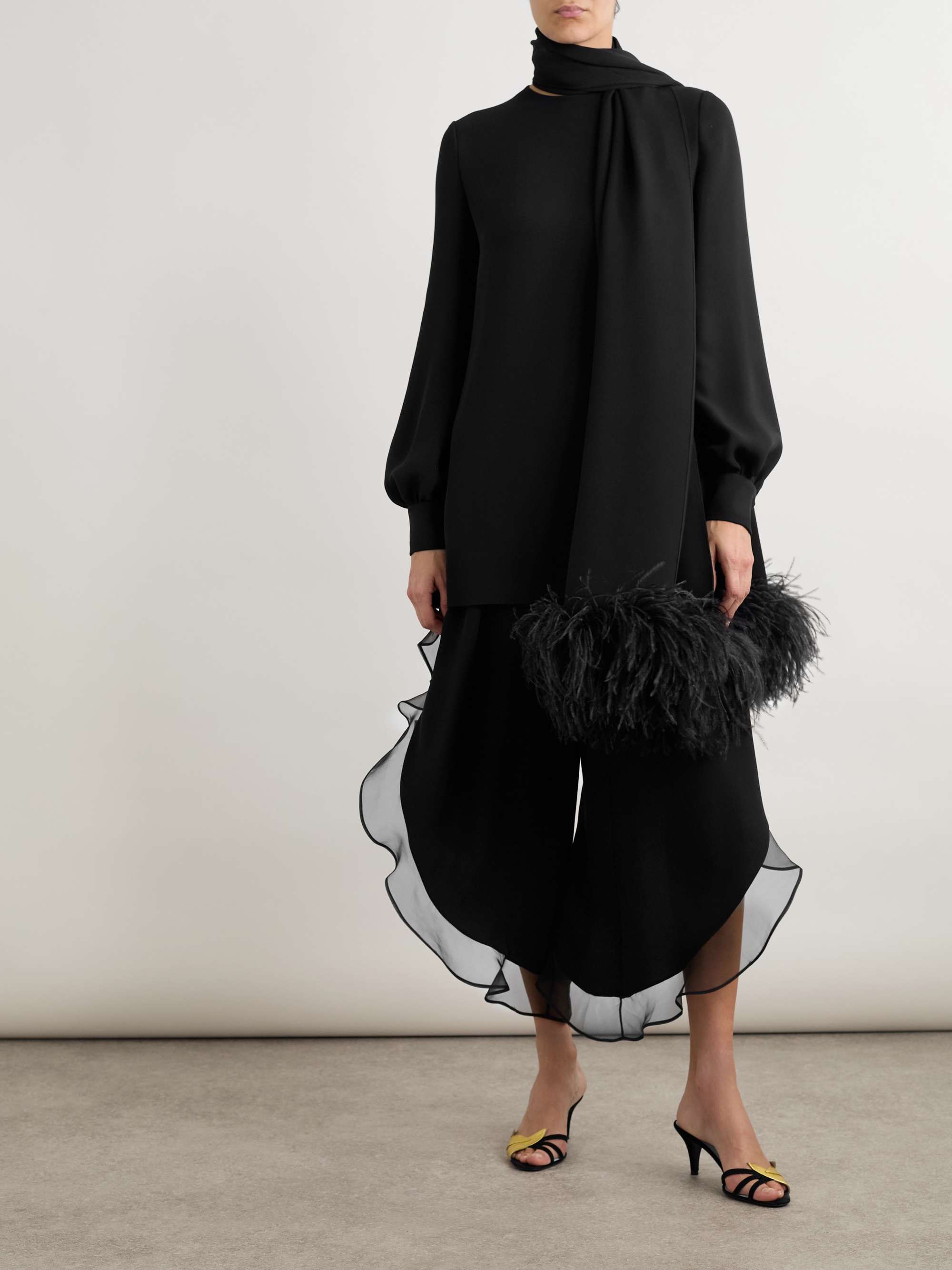 Feather-trimmed scarf-detailed silk crepe de chine blouse view
