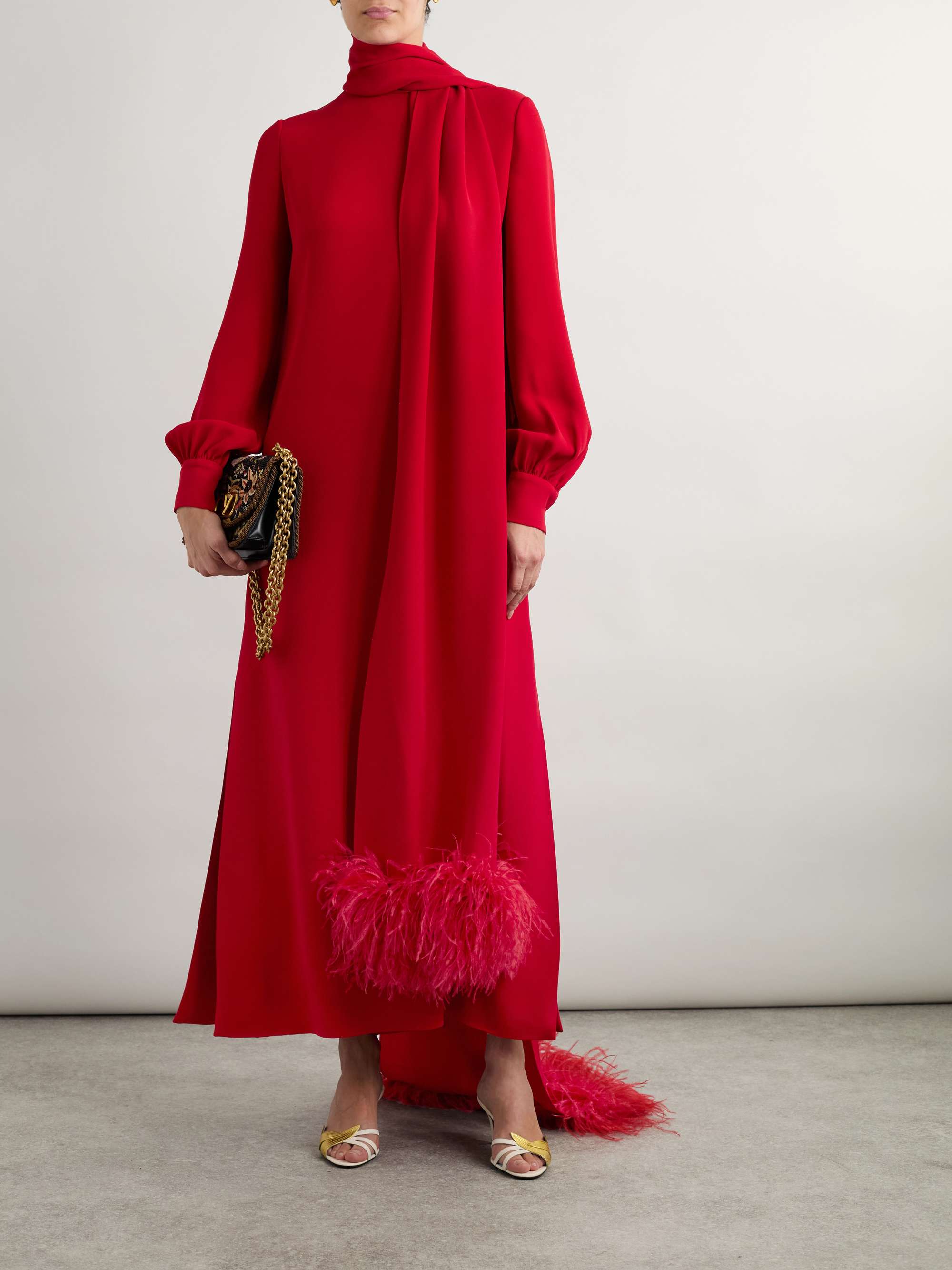 Tie-neck feather-trimmed silk-crepe gown view