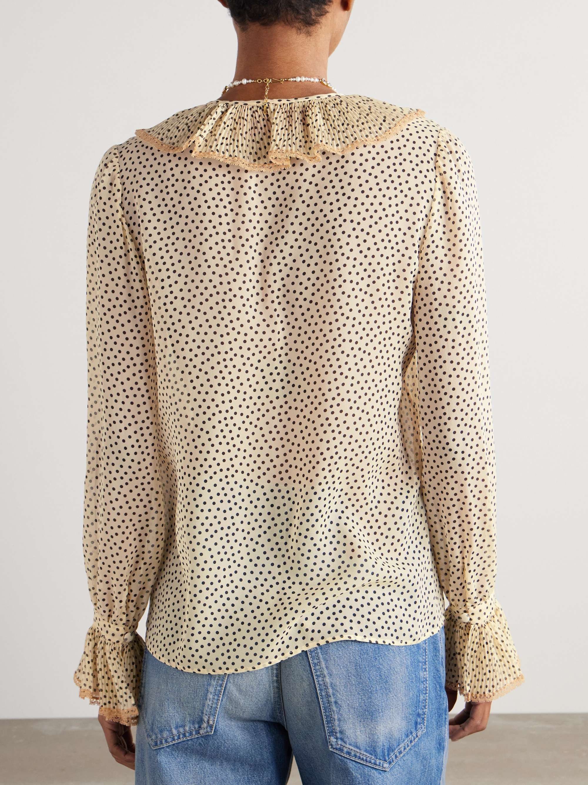 Lace-trimmed ruffled polka-dot silk-chiffon blouse view