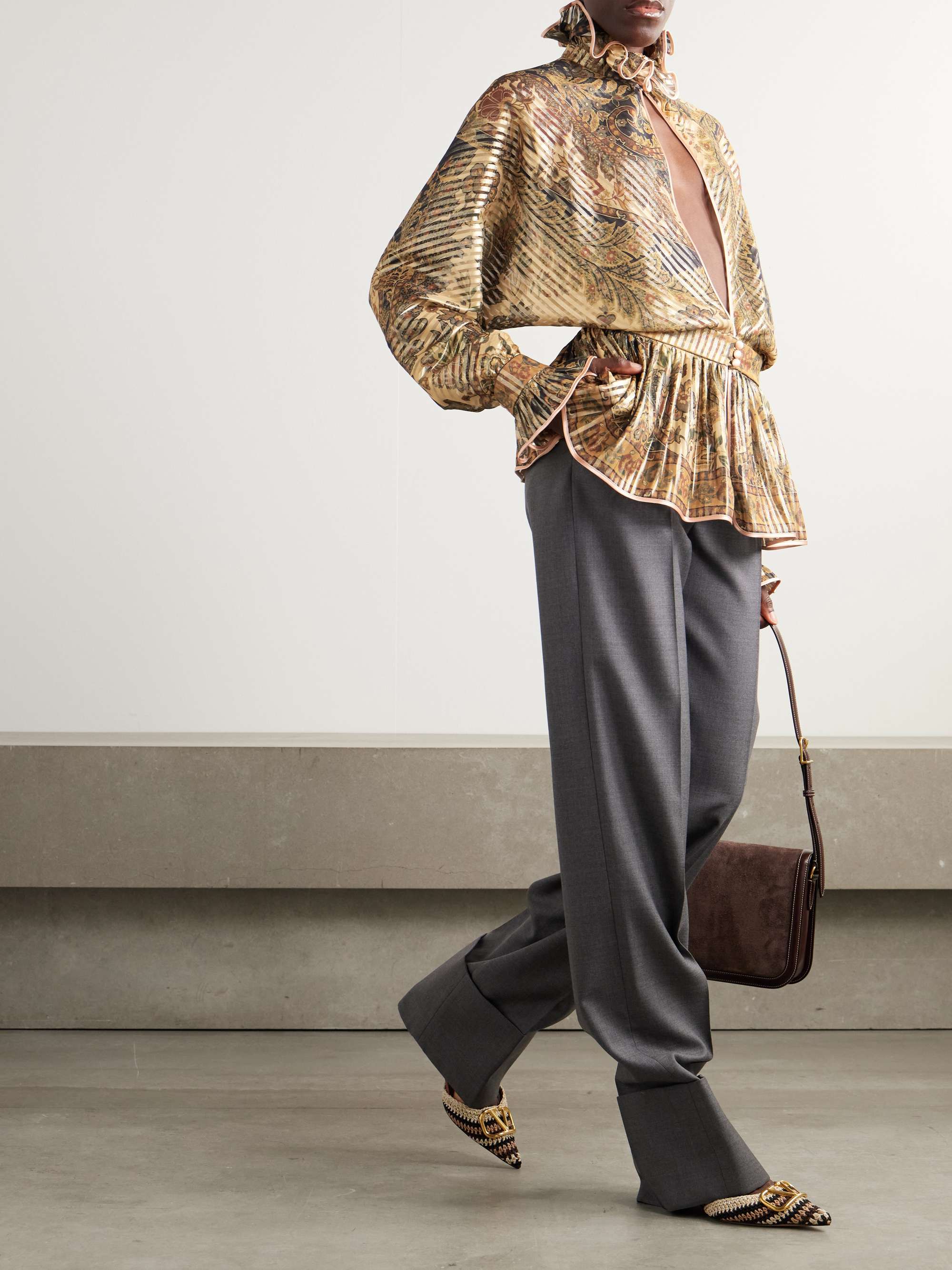 Satin-trimmed cutout ruffled metallic printed silk-blend chiffon blouse view