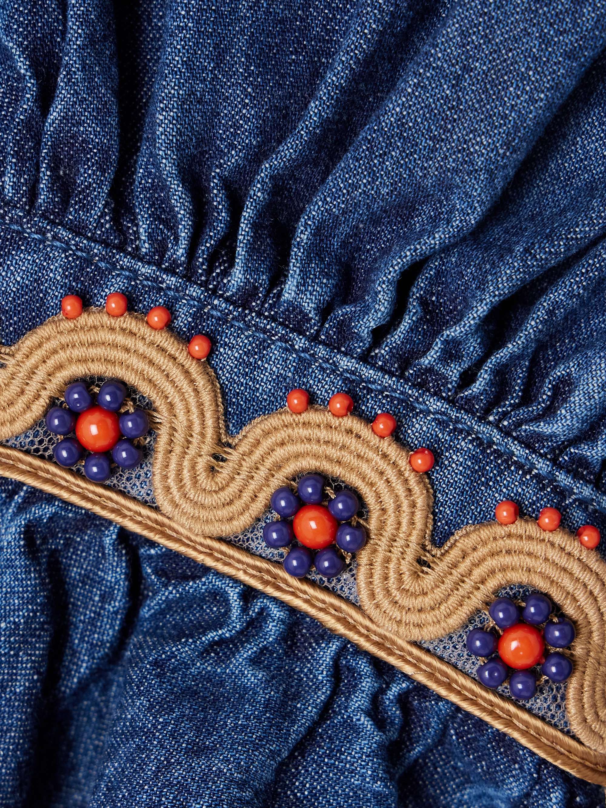 Belted embroidered ruffled embellished chambray top view