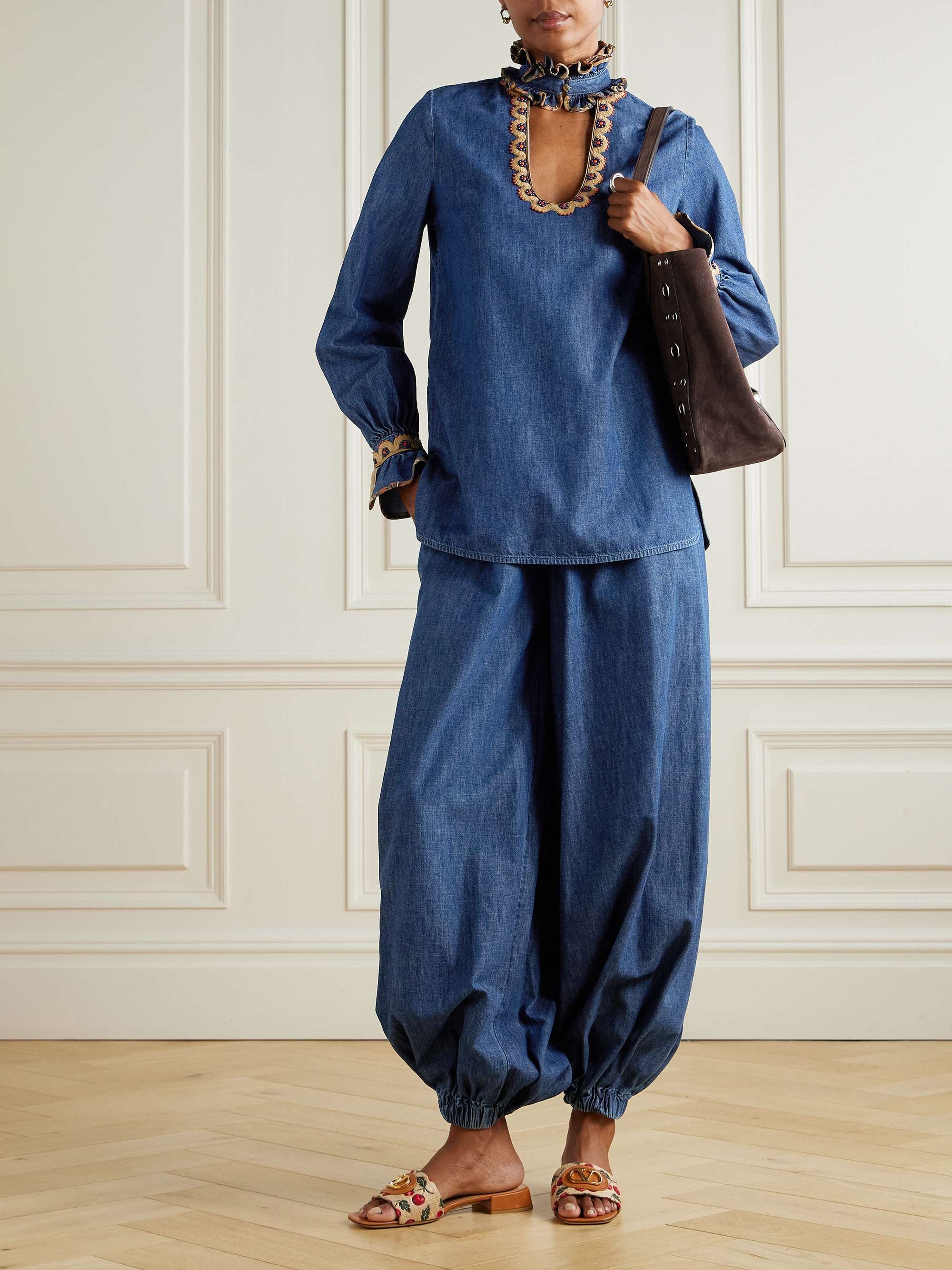 Belted embroidered ruffled embellished chambray top view