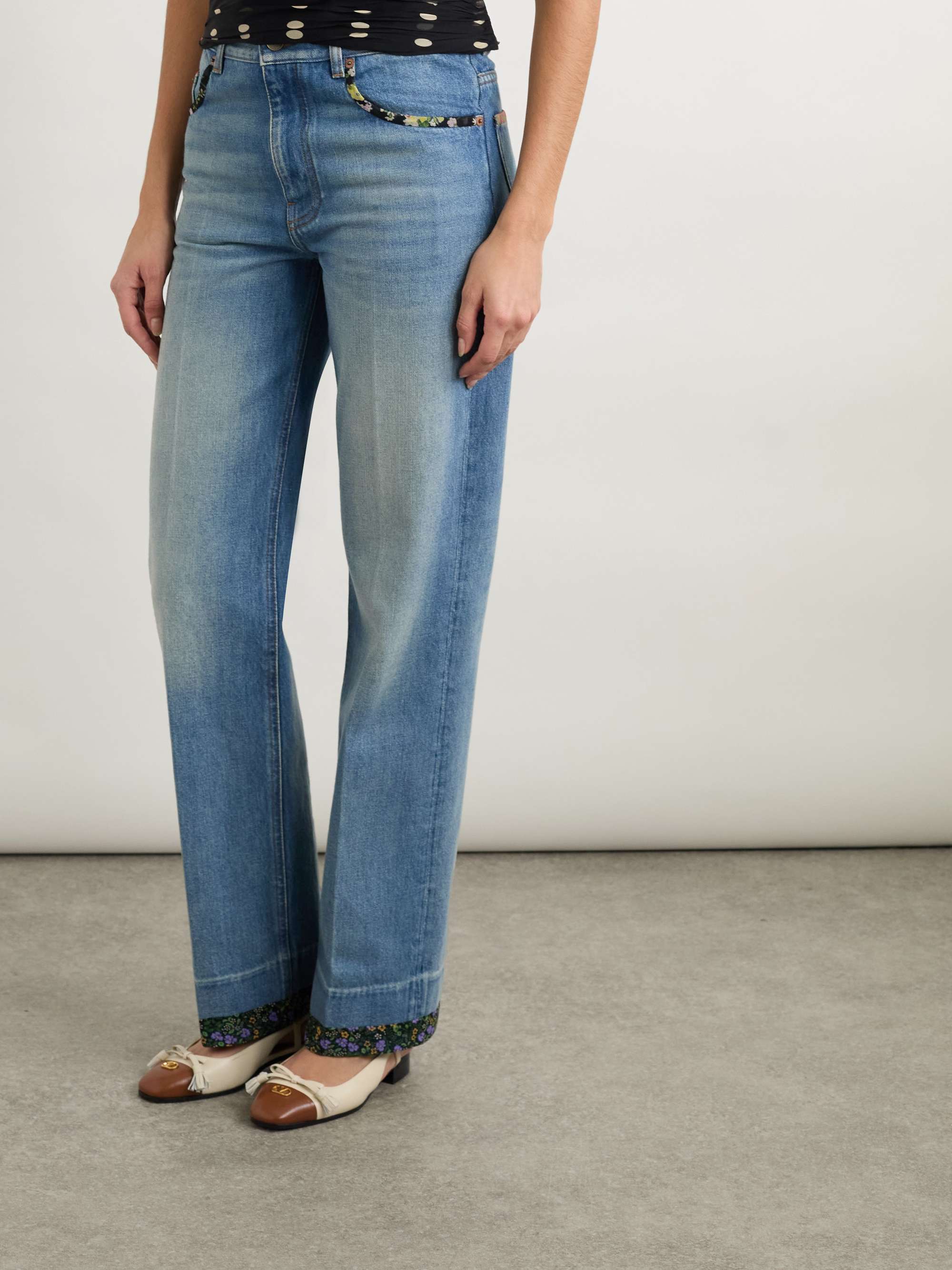 Printed chiffon-trimmed high-rise straight-leg jeans view