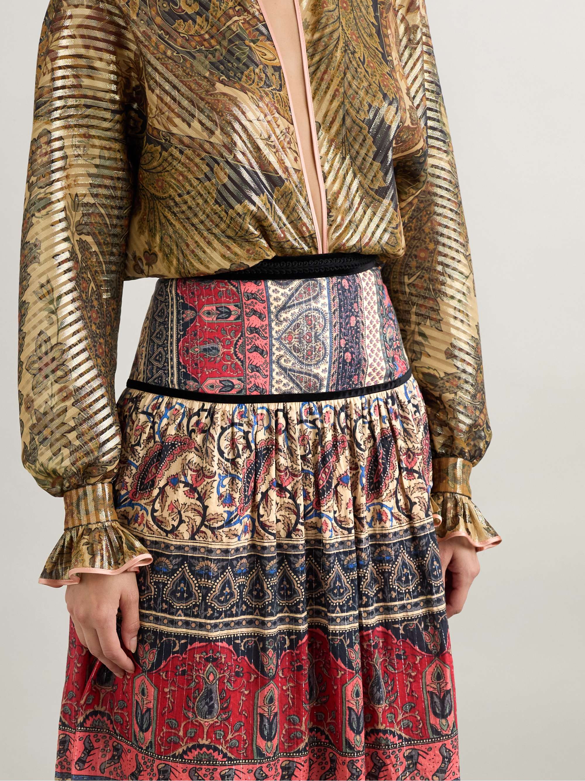 Printed metallic cotton-blend midi skirt view