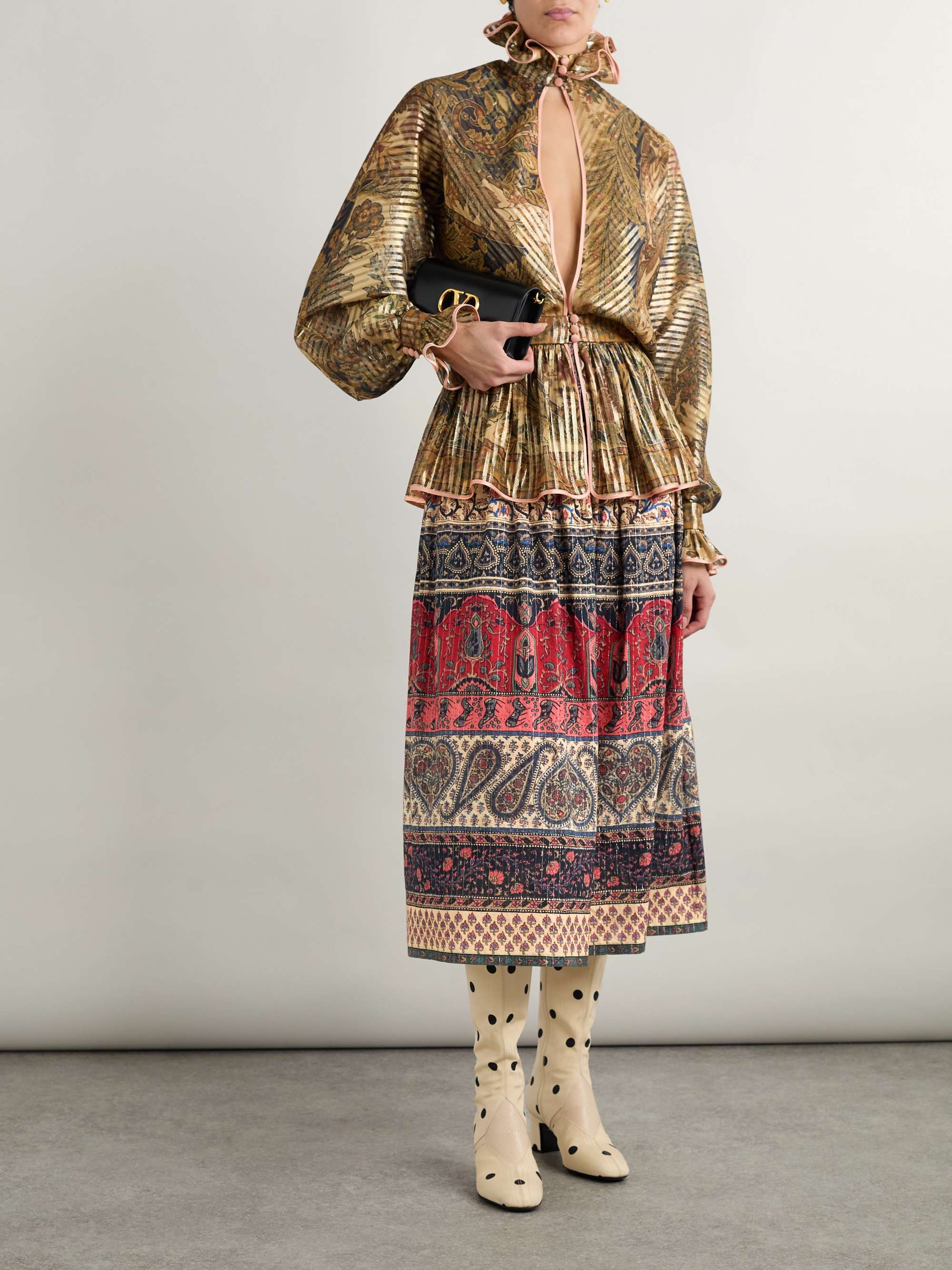 Printed metallic cotton-blend midi skirt view