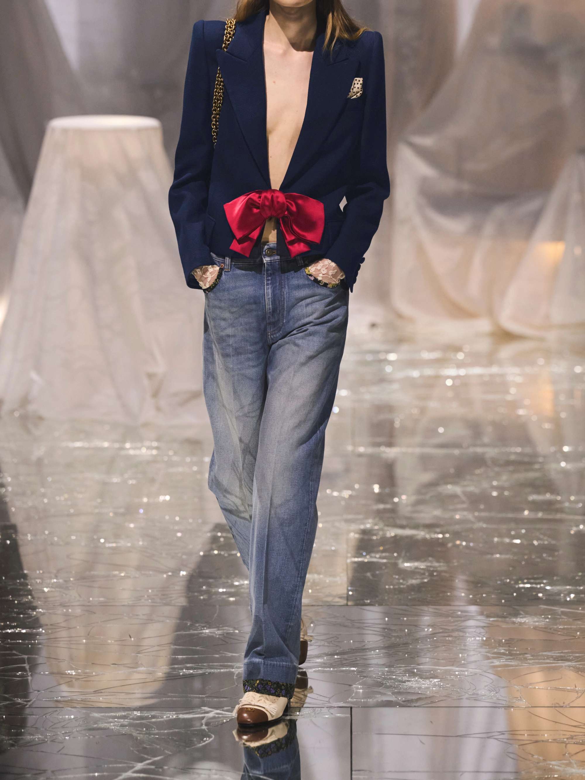 Cropped satin-trimmed woven blazer view
