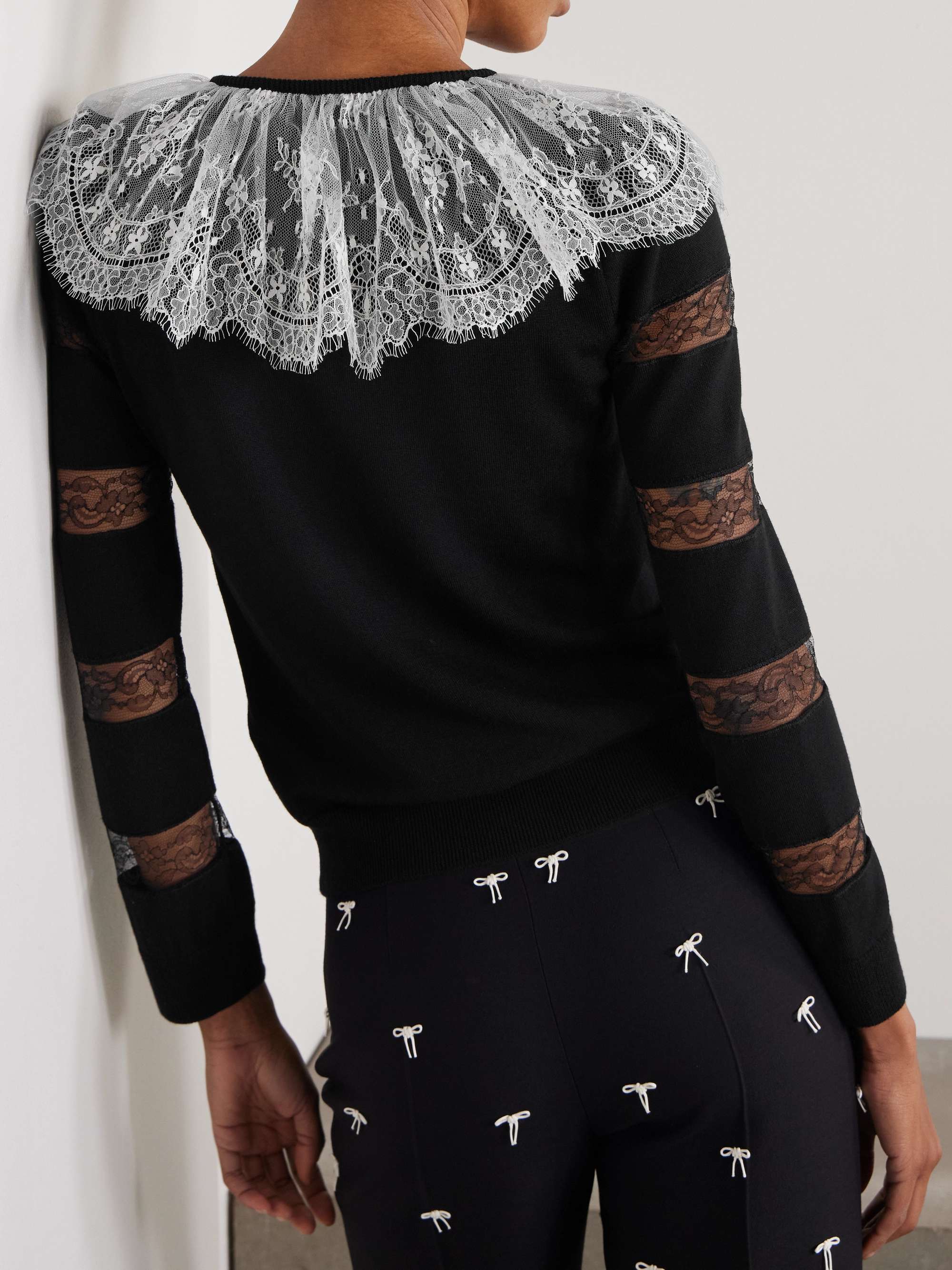 Bow-embellished striped lace-trimmed wool sweater view