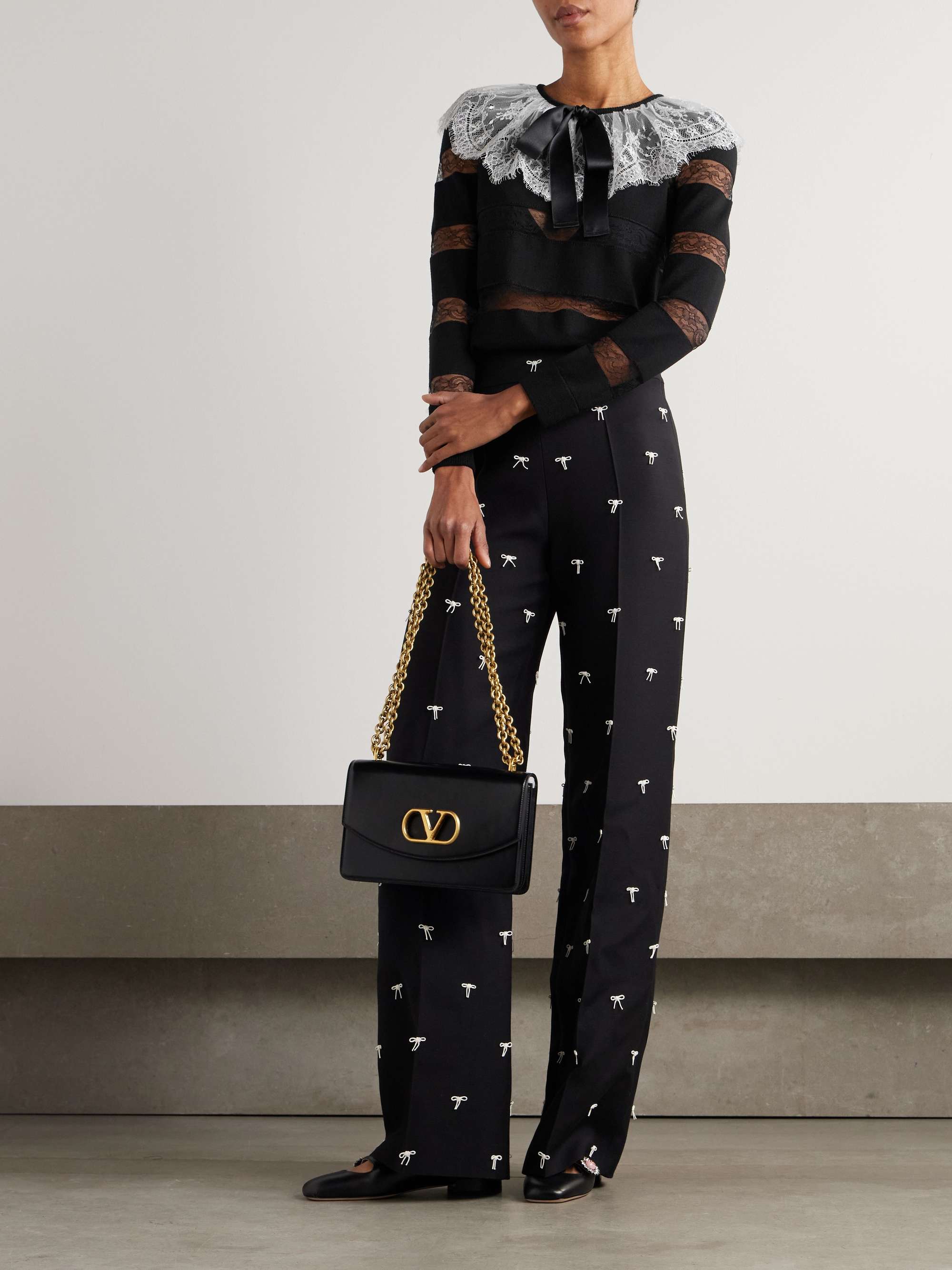 Bow-embellished striped lace-trimmed wool sweater view