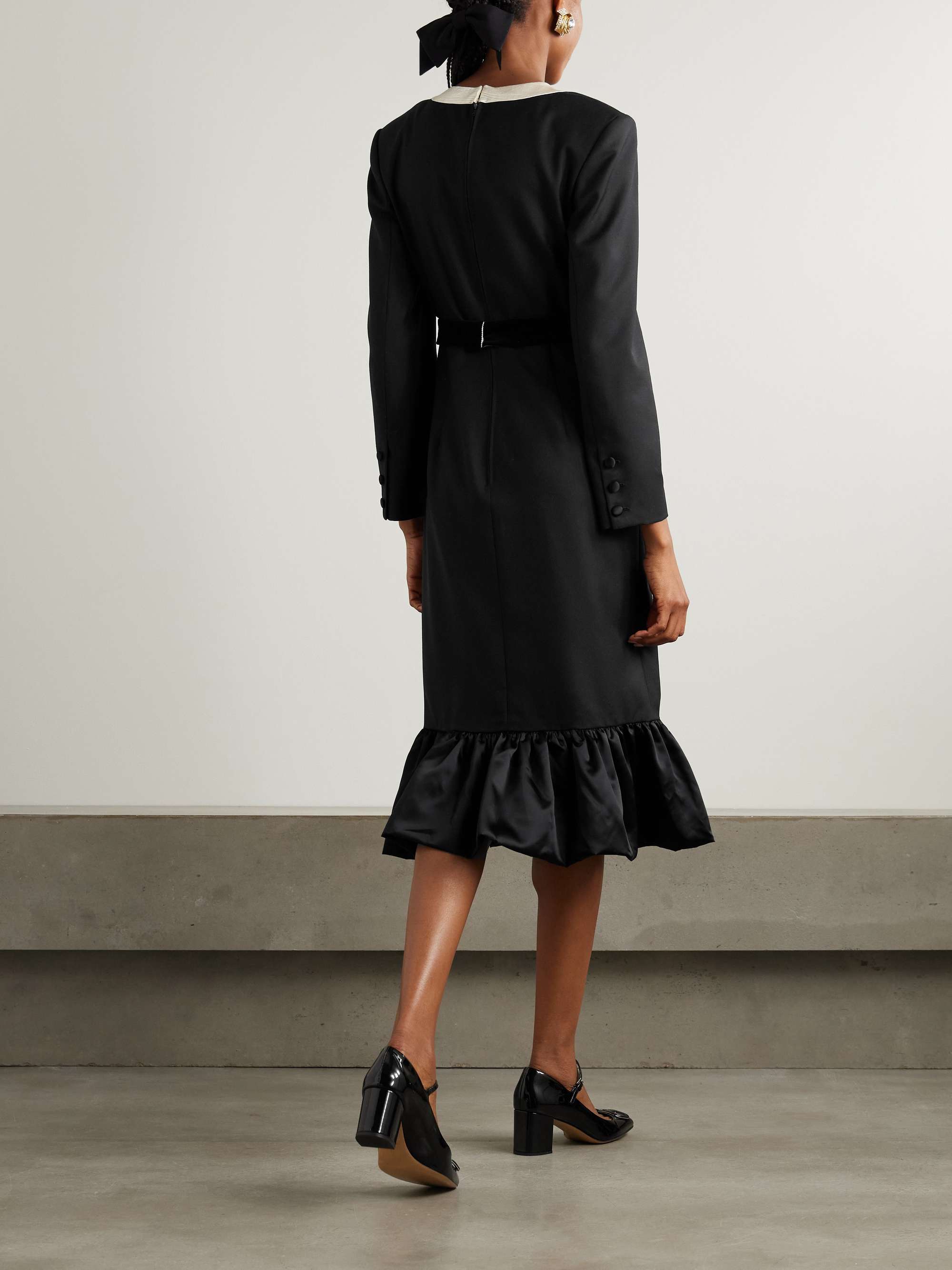 Belted bow-embellished velvet and Ottoman-trimmed wool midi dress view