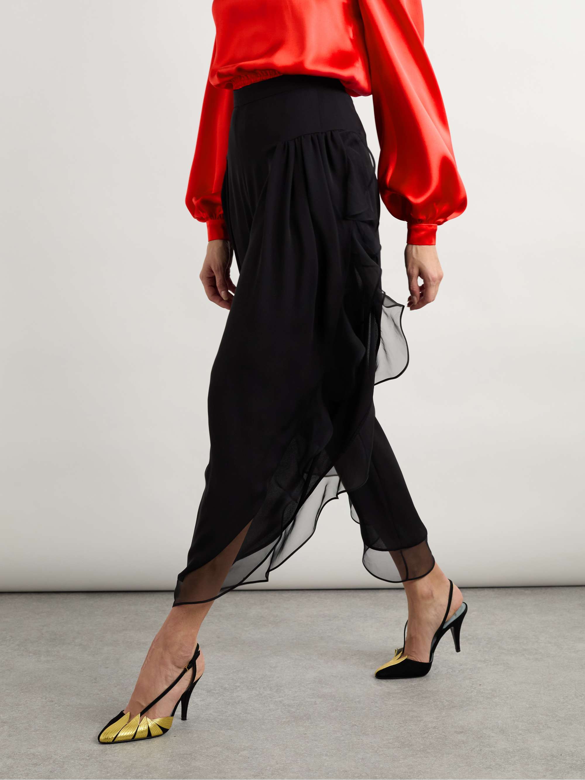 Asymmetric ruffled silk-chiffon wide-leg pants view