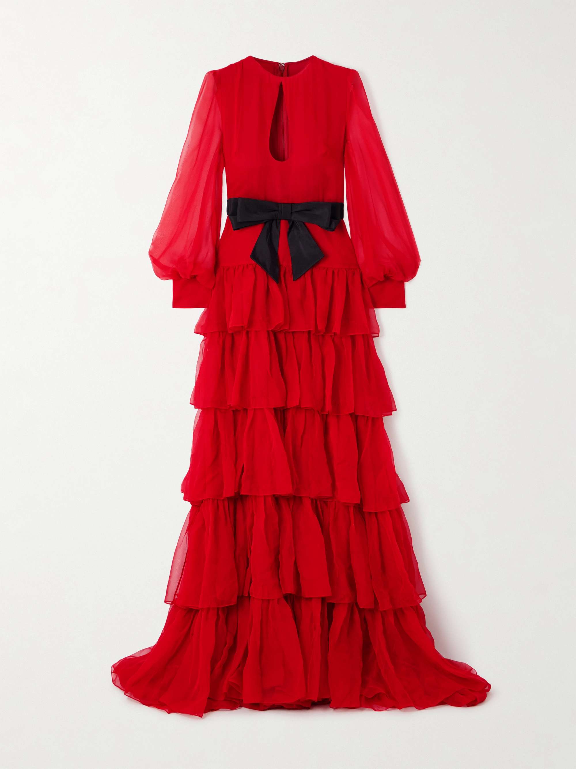 Bow-detailed ruffled silk-chiffon gown view