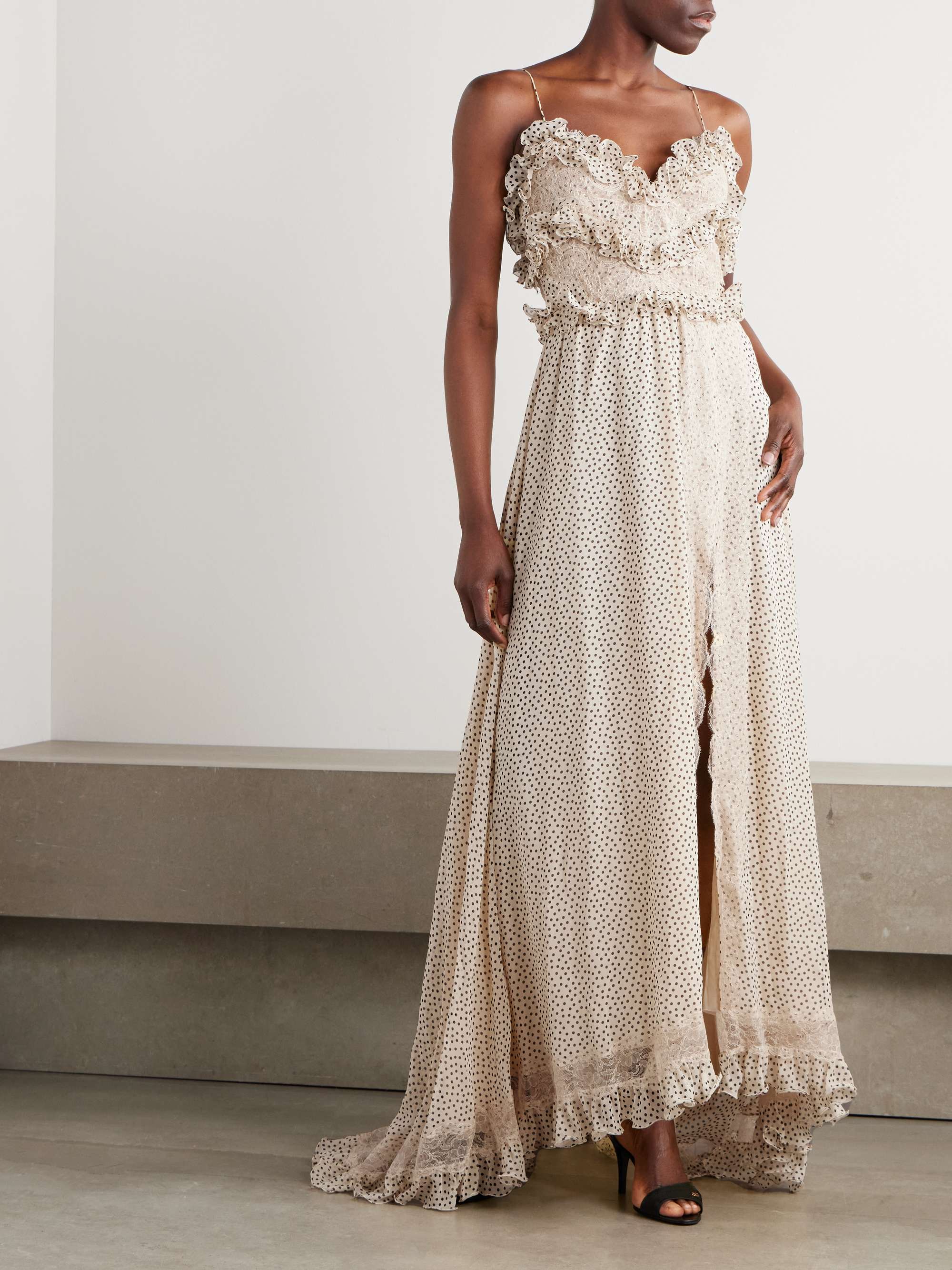 Lace-trimmed ruffled polka-dot silk-georgette gown view