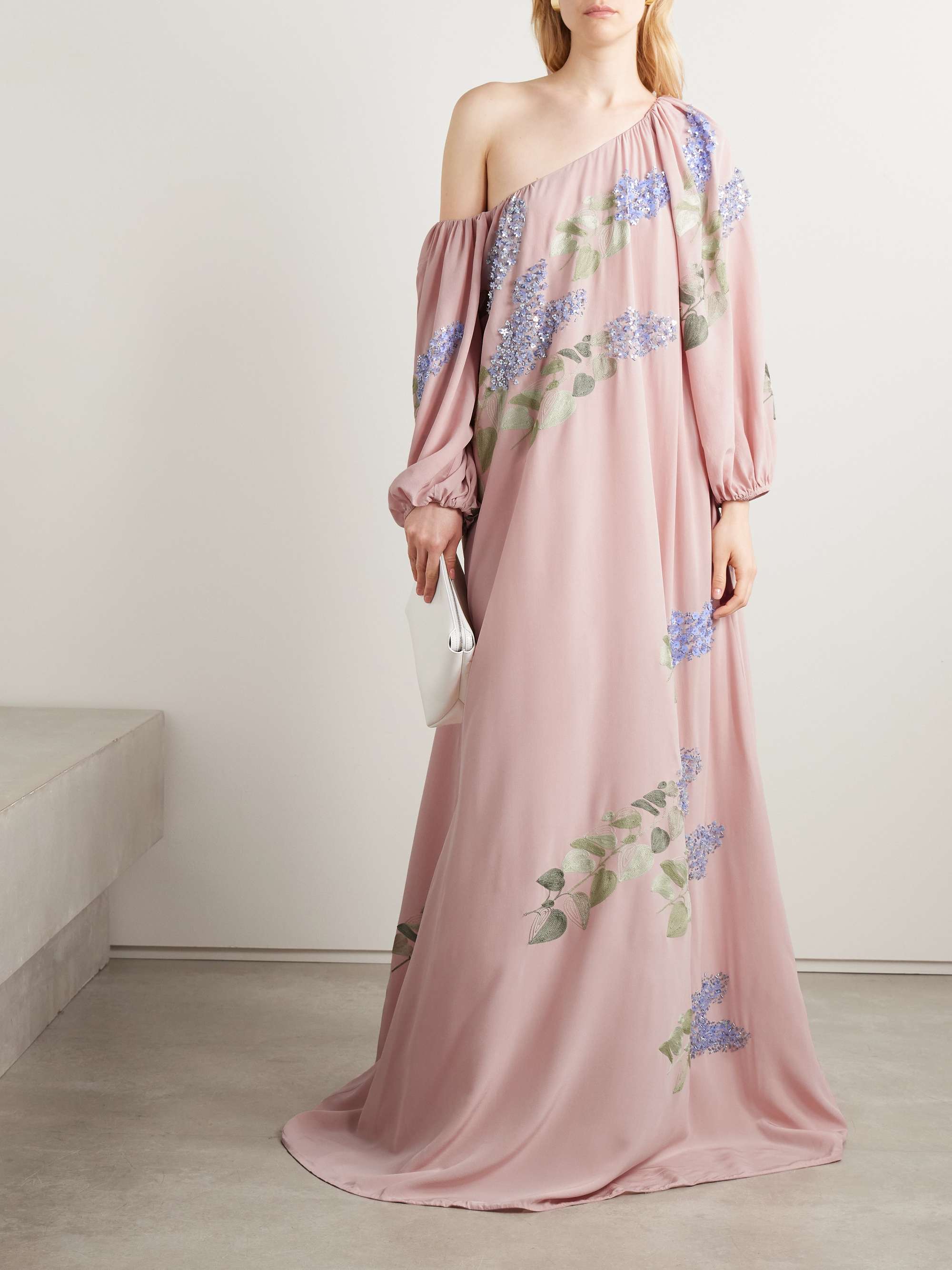 Nathalie off-the-shoulder embellished silk crepe de chine gown view