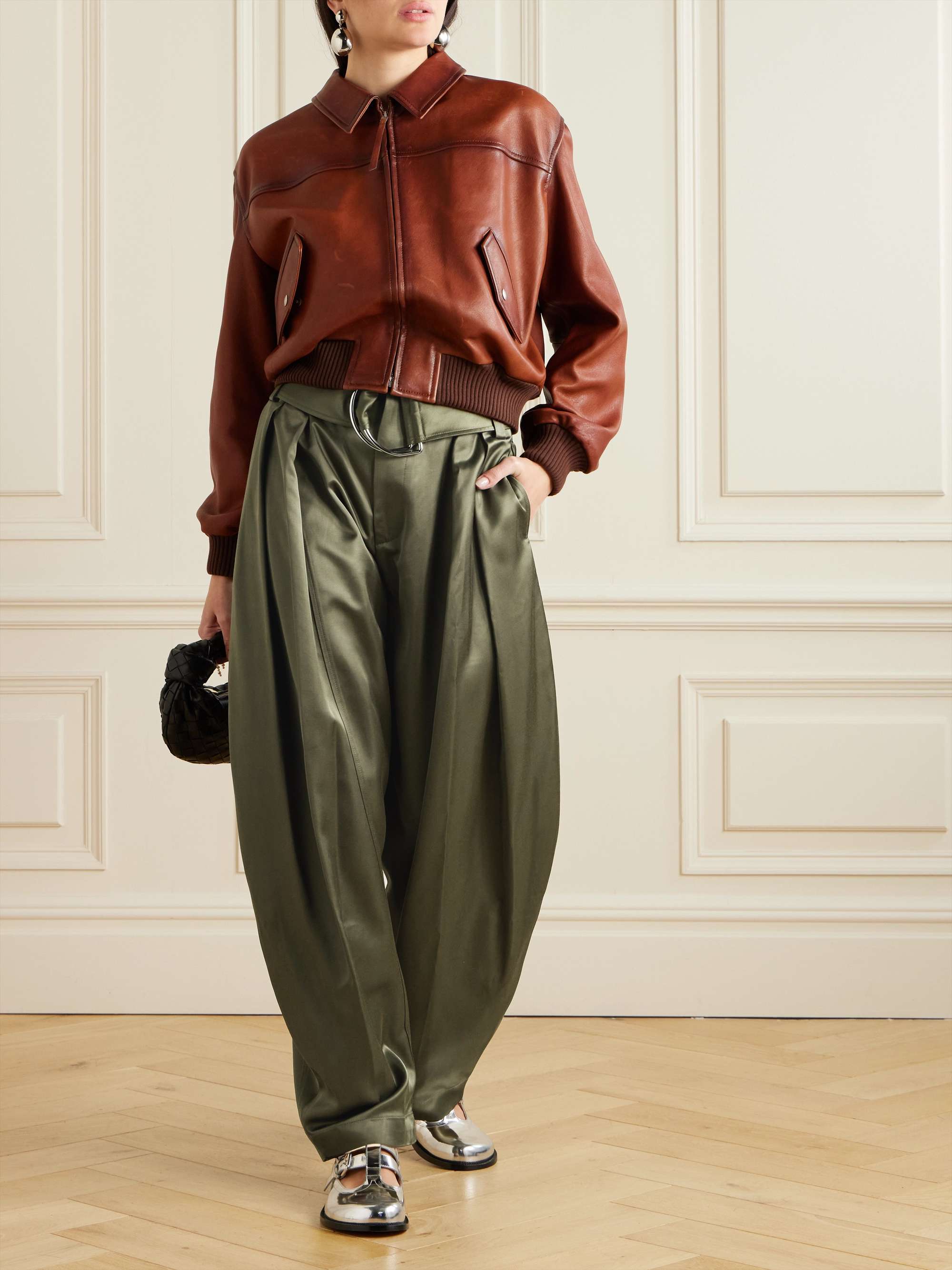 Belted pleated satin wide-leg pants view