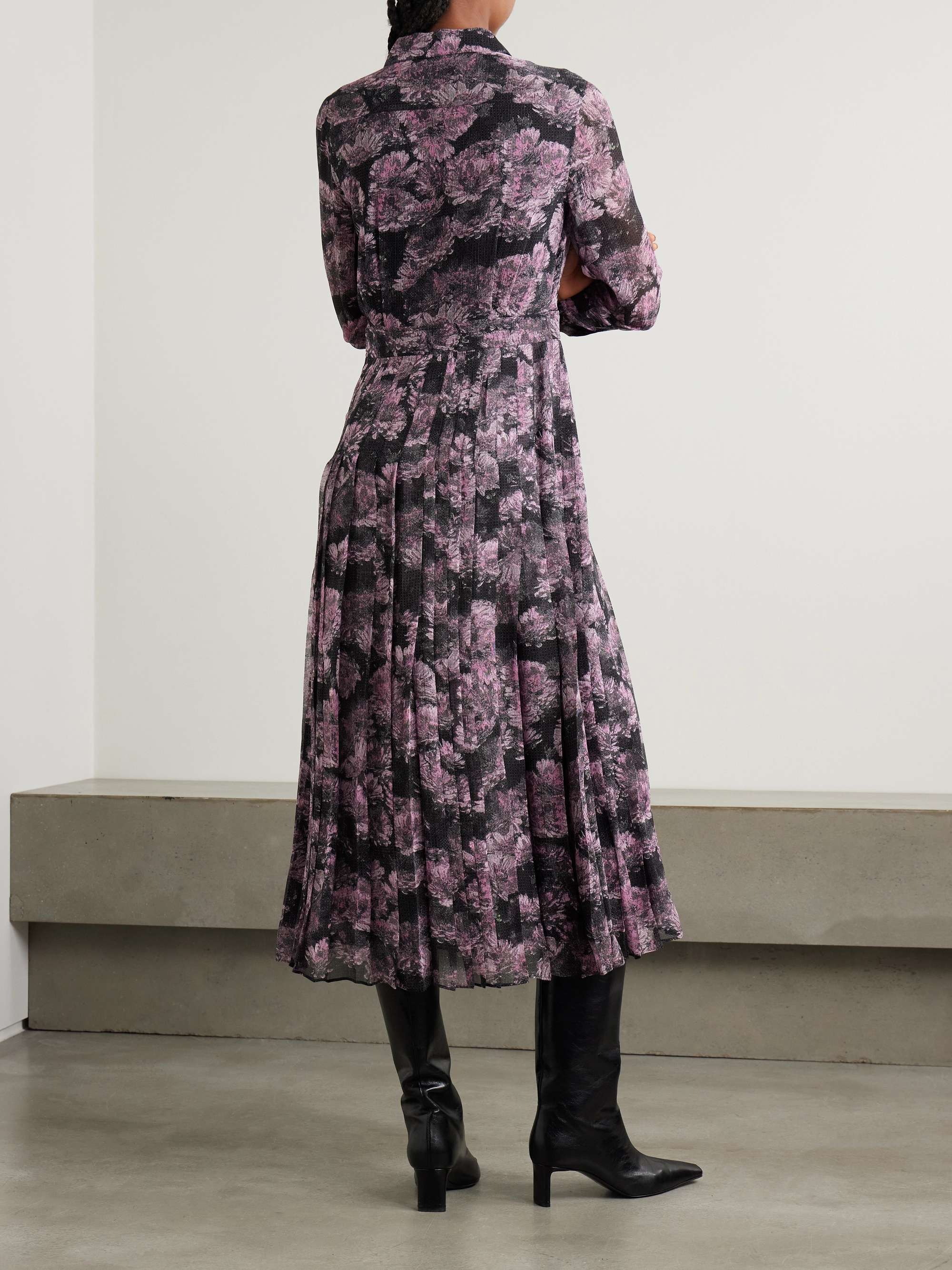 Pleated floral-print silk midi shirt dress view