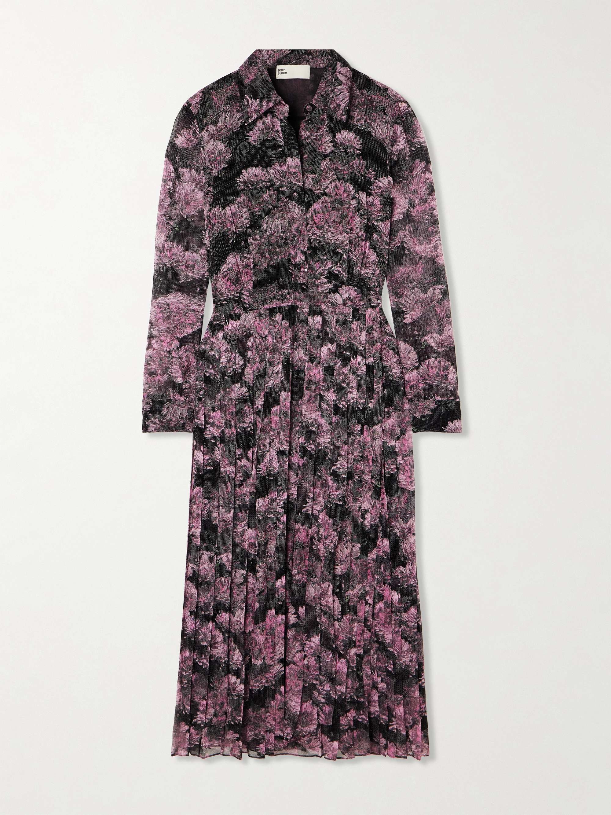 Pleated floral-print silk midi shirt dress view