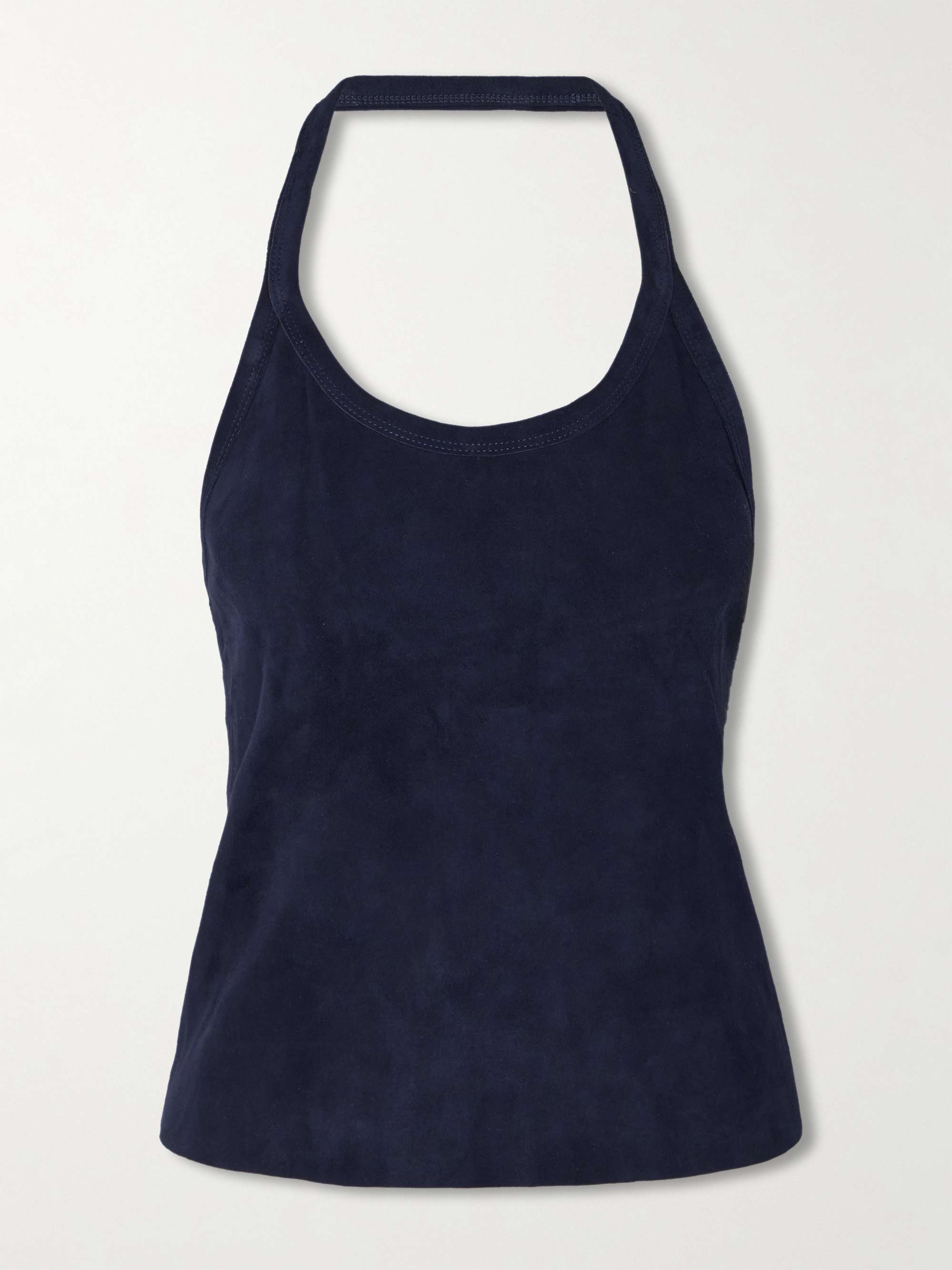 Cherry open-back suede halterneck tank view