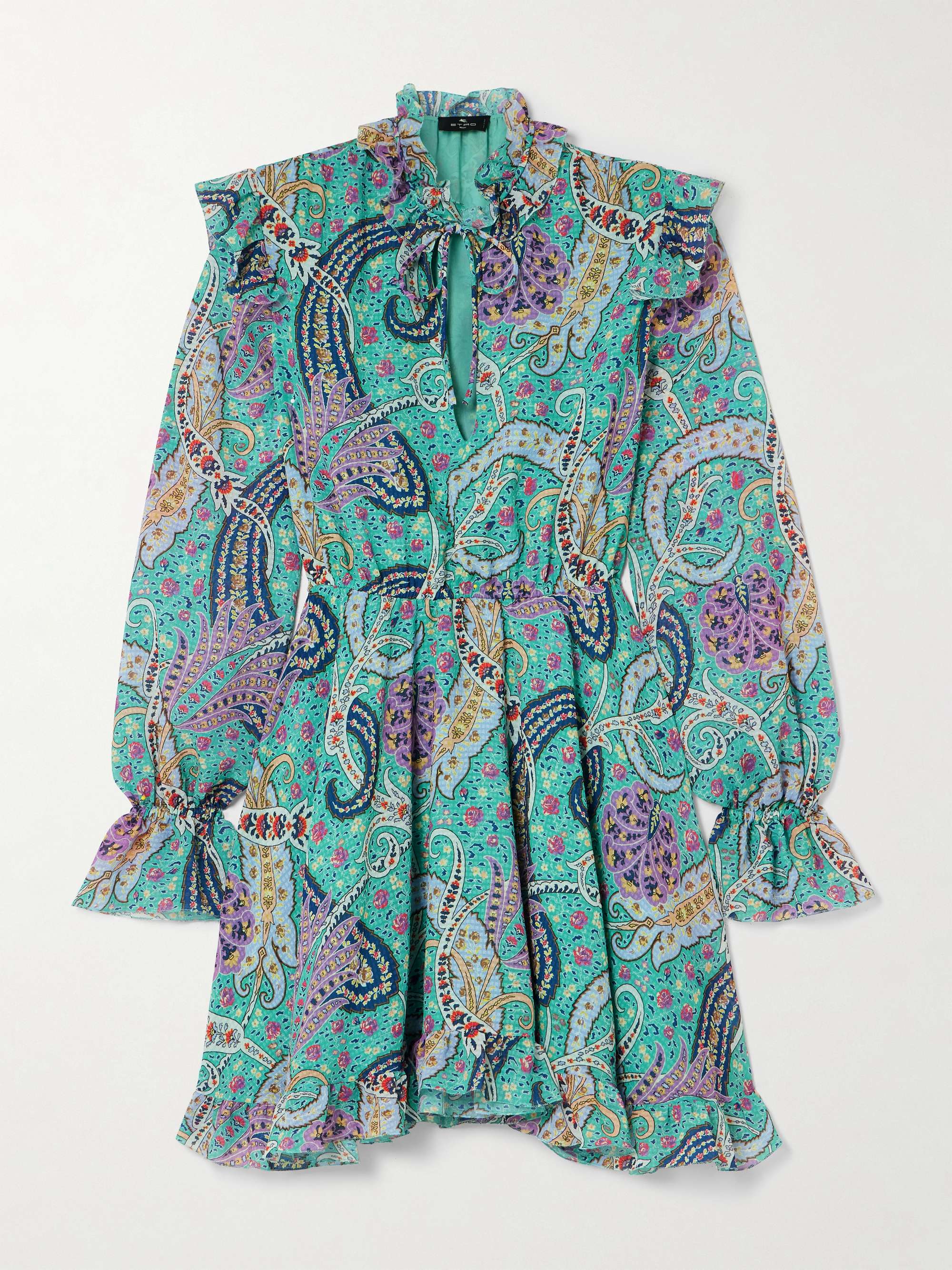 Ruffled paisley-print voile-jacquard mini dress view